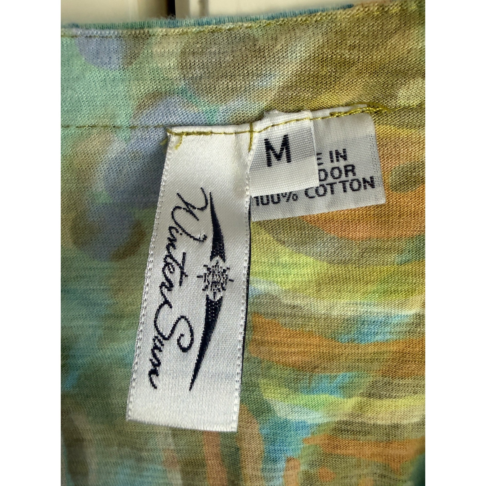 Winter Sun Womens Art to Wear Cotton Top 3/4 Sleeve Abstract Green Blue Medium