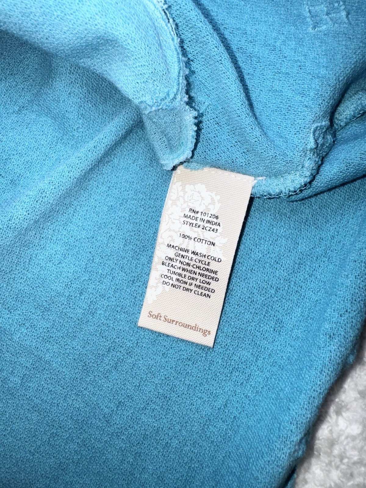 Soft Surroundings SMALL Blouse Robin Egg Blue Floral Embossed Assymetric Hem