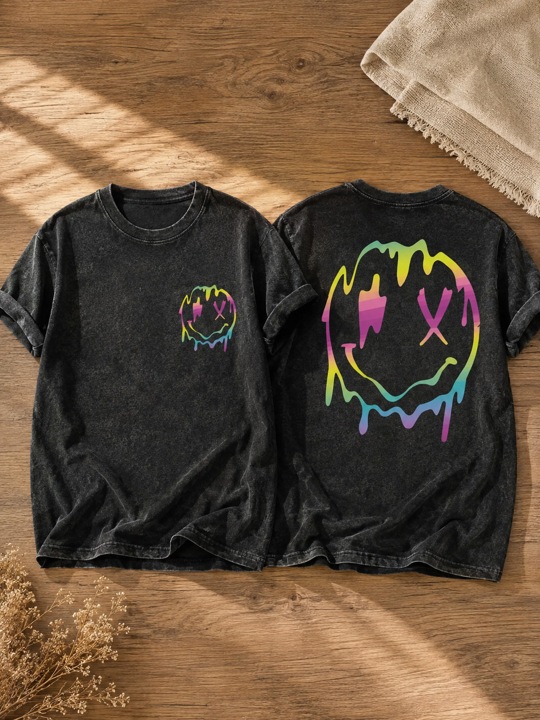Rainbow Drip Smiley Black Washed T-Shirt Front Back Unisex Graphic Tee