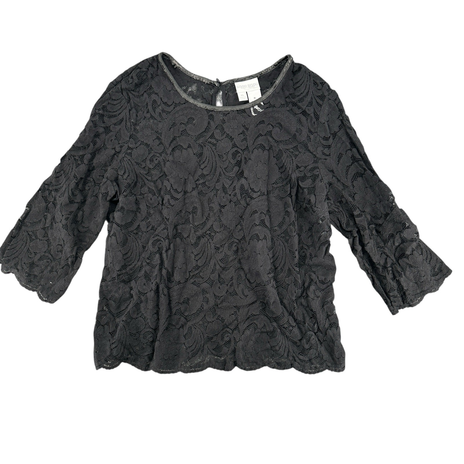 Vintage Y2K Black Lace Sheer Goth XL Blouse Short Sleeve Victorian Glam