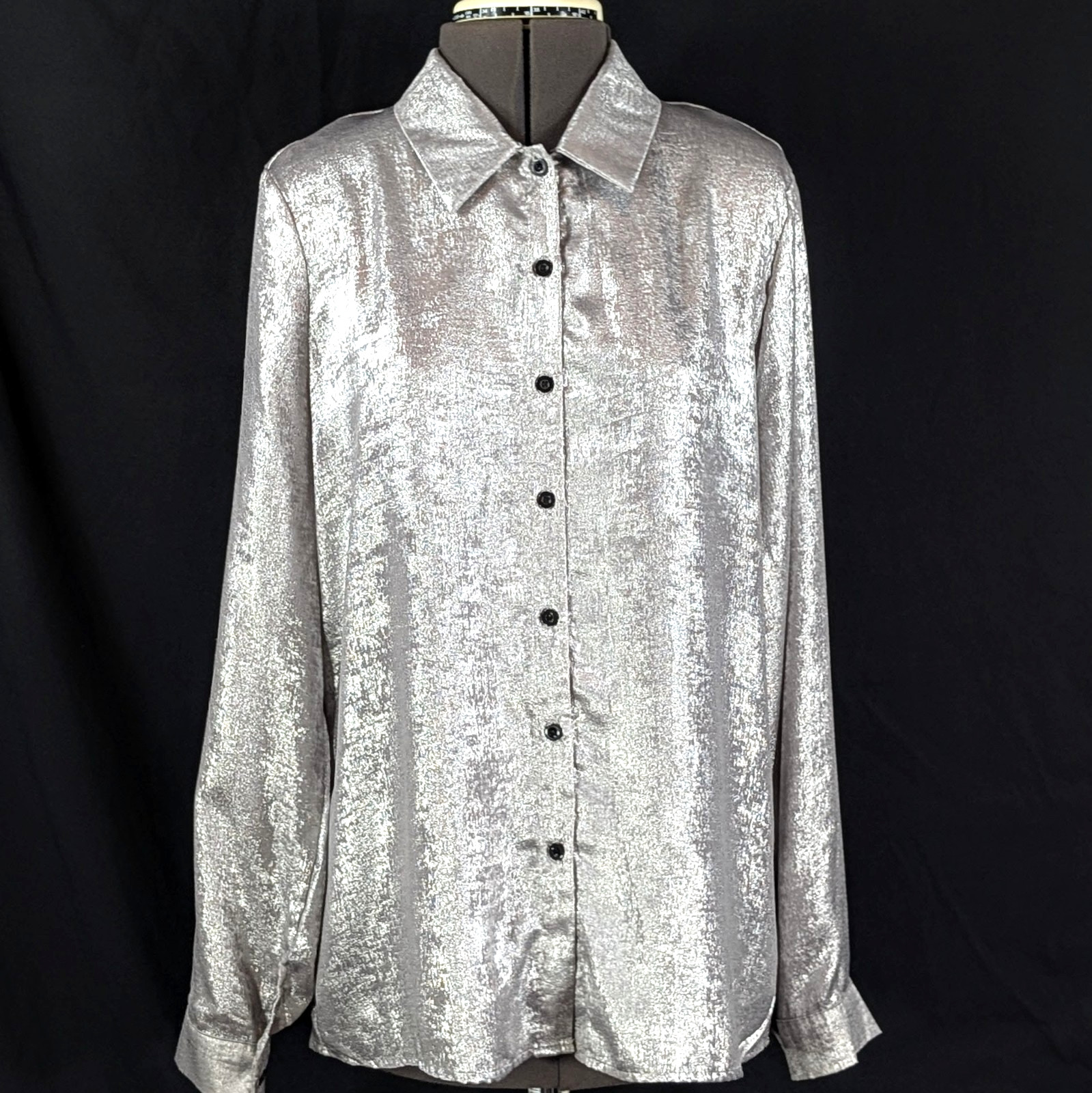 Silver Metallic Blouse Large Long Sleeve Button Down Shirt Foil Shiny Disco Top