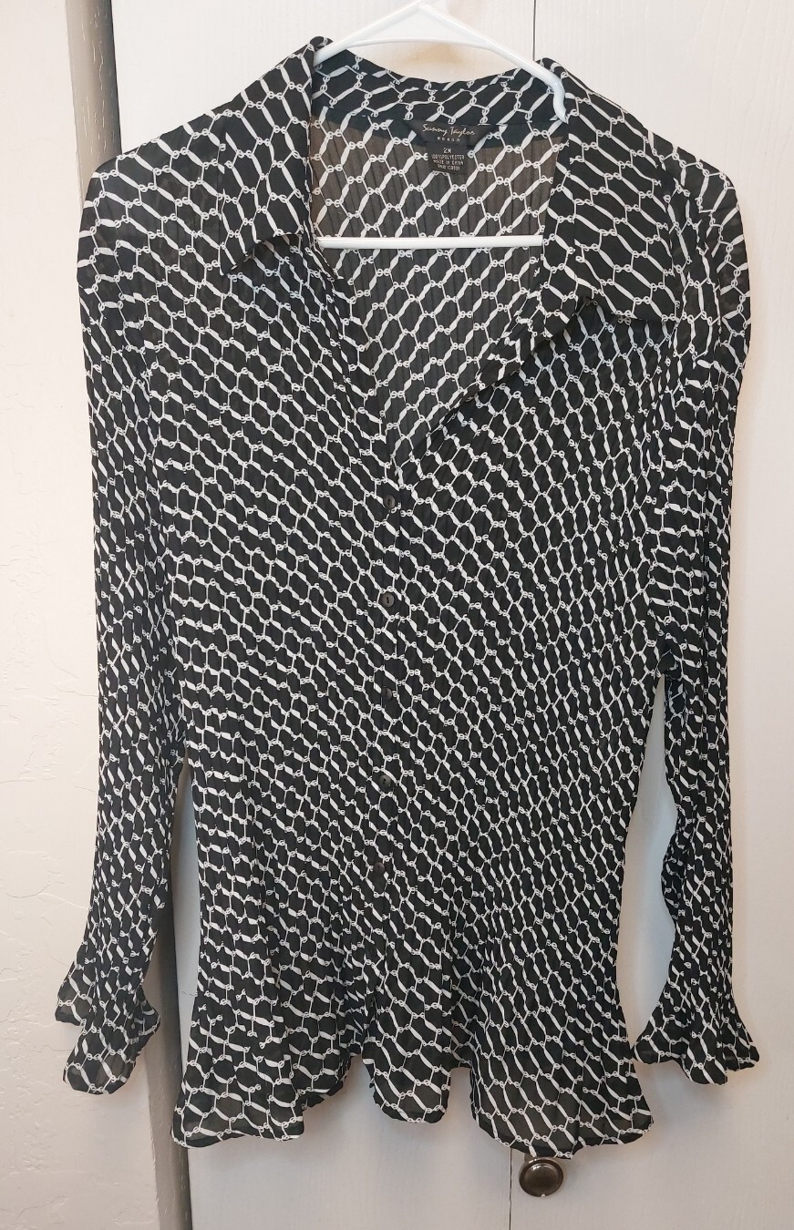 Sunny Taylor Crinkle Button Up Size 2X Blouse Preppy Office Career Top Glam