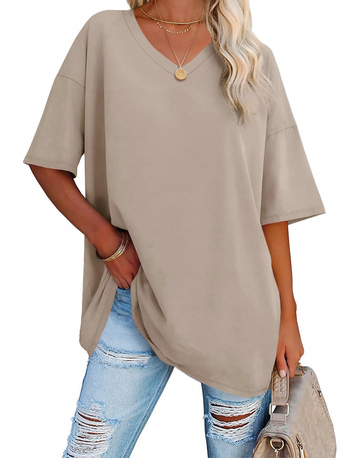 Ebifin Womens Oversized Tshirts V Neck Tee Shirts Half Sleeve Loose Fit T Shi…