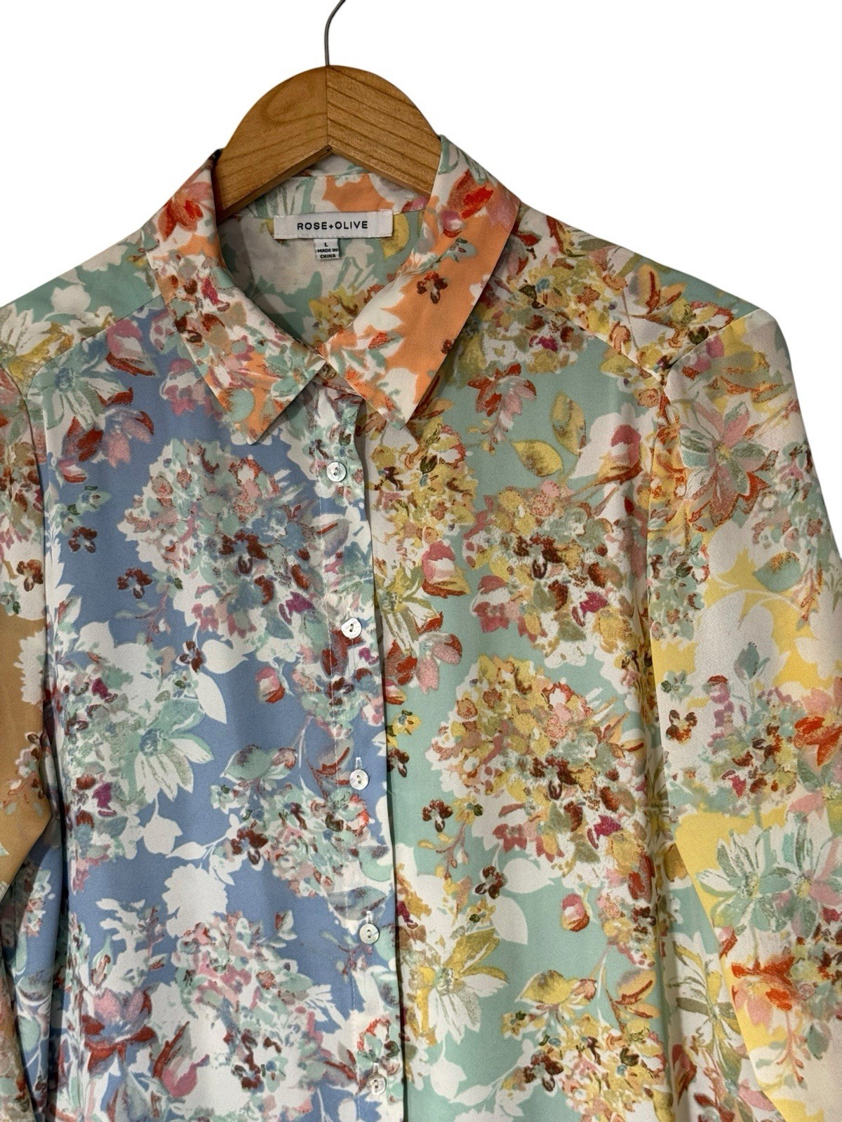 Rose & Olive Patchwork Floral Button Down Blouse Top Multicolor Large