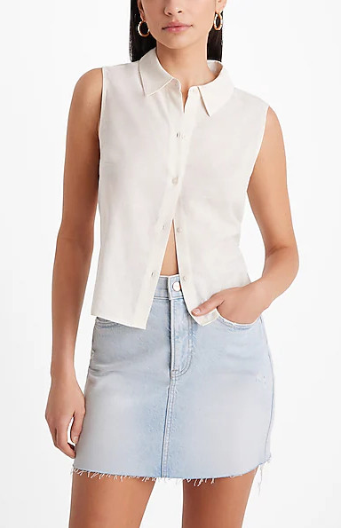 Linen-Blend Sleeveless Button Up Shirt – Size M & L