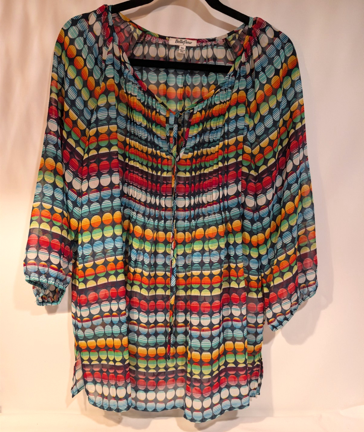 Bellefleur ( Nordstrom) multi-colored Polka Dot Blouse w/ front pleating XL