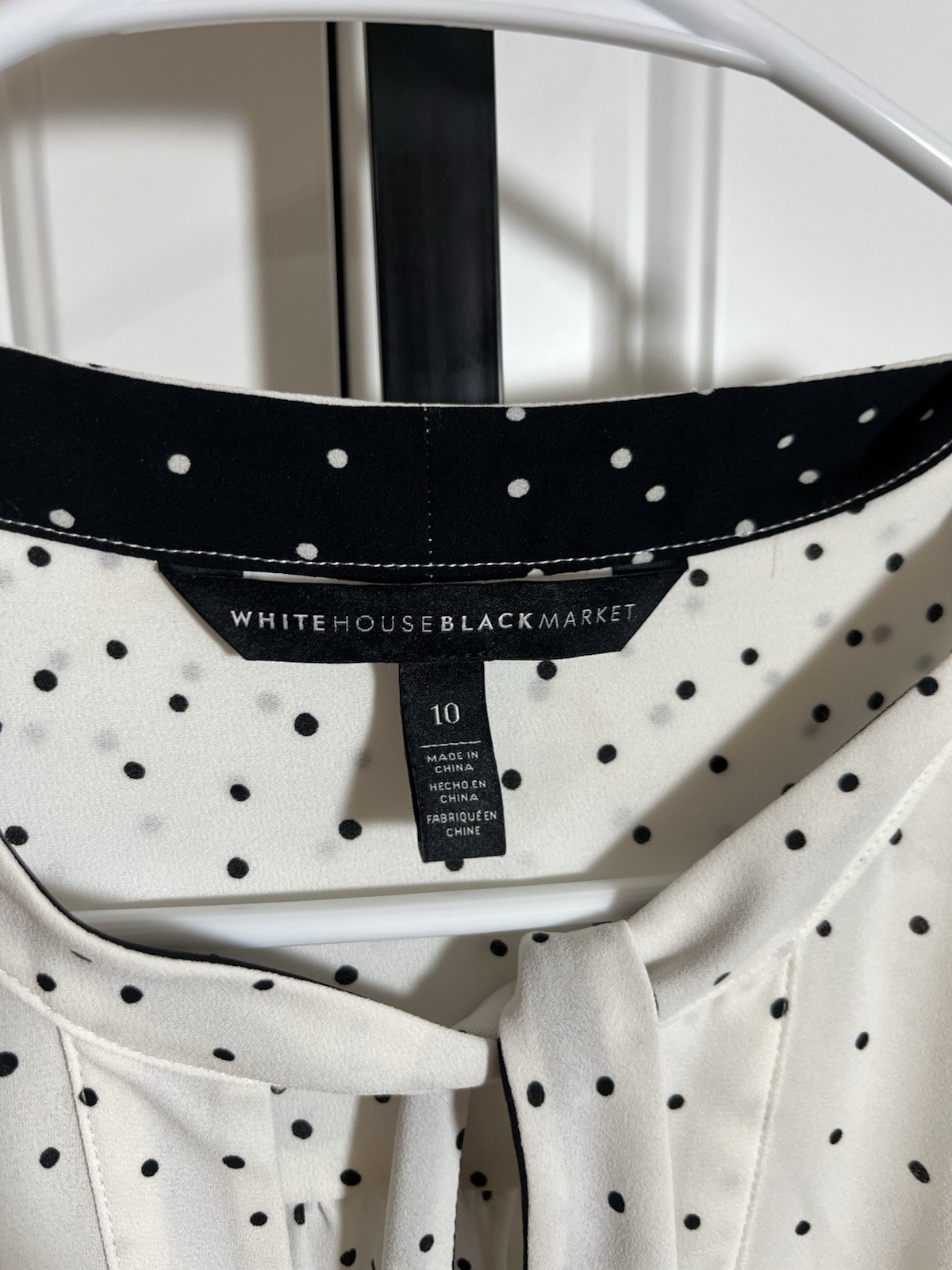 White House Black Market White Black Polka Dot Blouse Tie Neck 10 Bell Sleeve