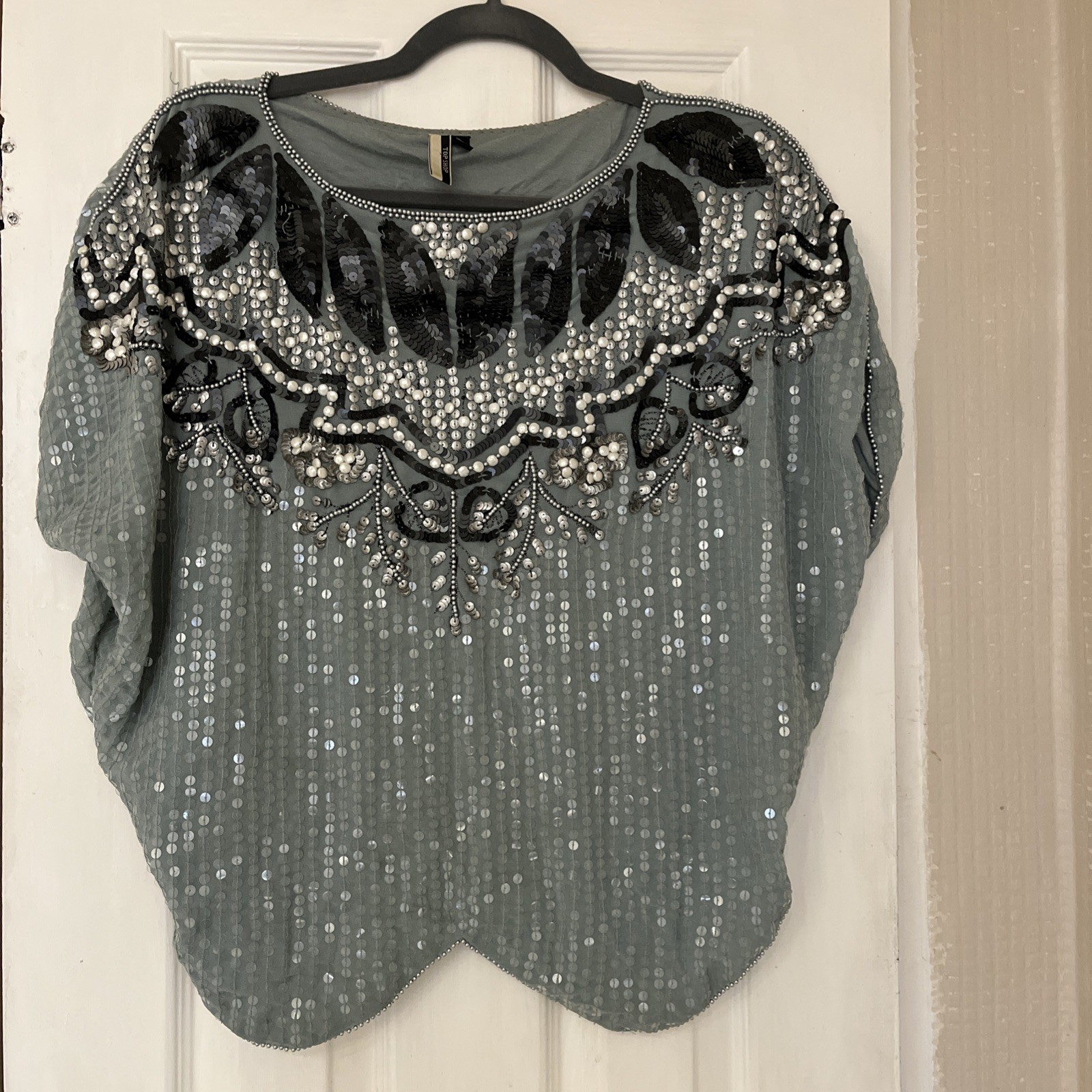 Topshop Embellished Vintage Style Art Deco Top – Size 12 – Pale Green