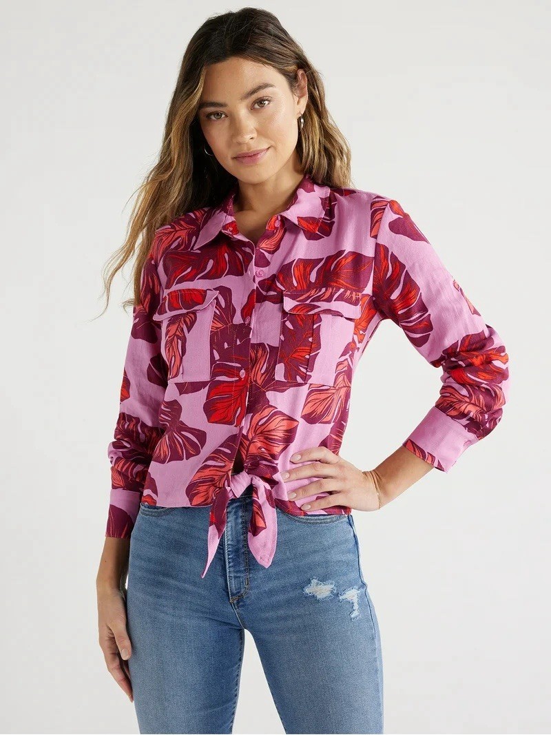 Sofia Jeans Women’s Tie Front Linen Top With Cargo Pockets, Opera Mauve Size L