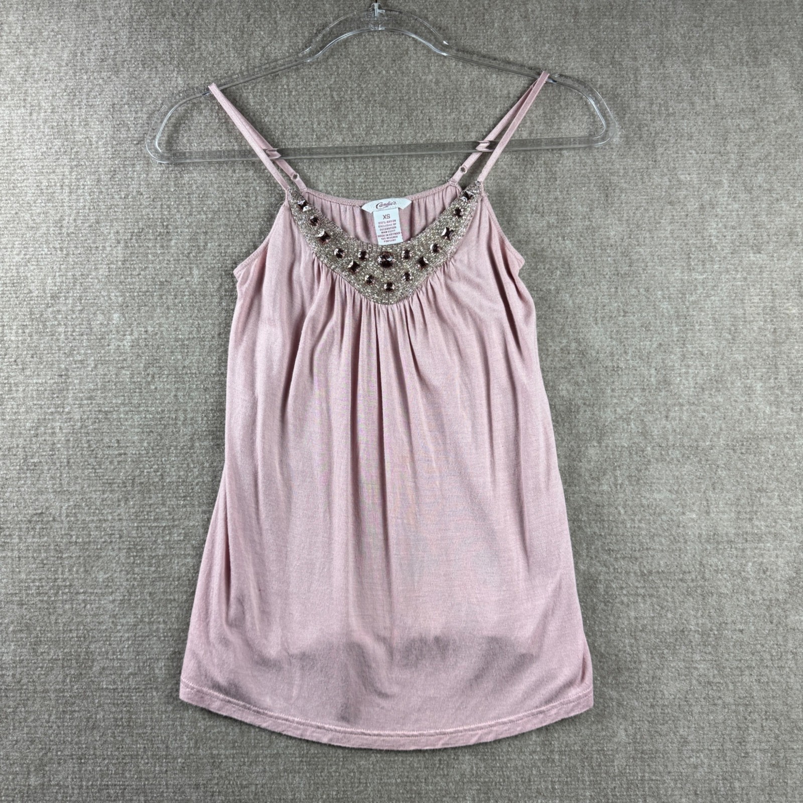 Candie’s Beaded Neck Rayon Cami Tank Top XS Blush Pink Blouse Y2K Whimsygoth