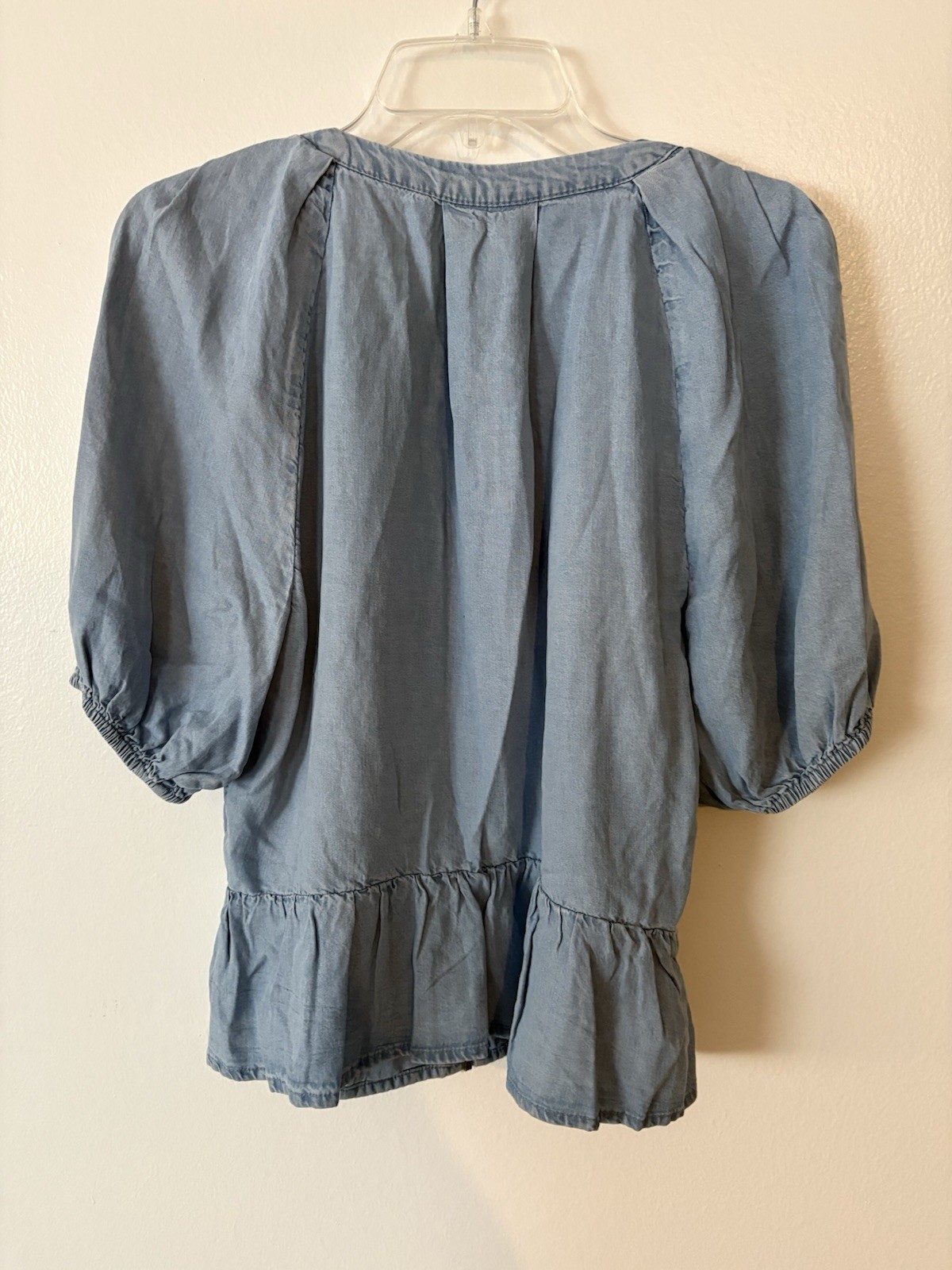 DKNY Women’s Zip-Front Puff-Sleeve Denim Blouse Top Blue Size L