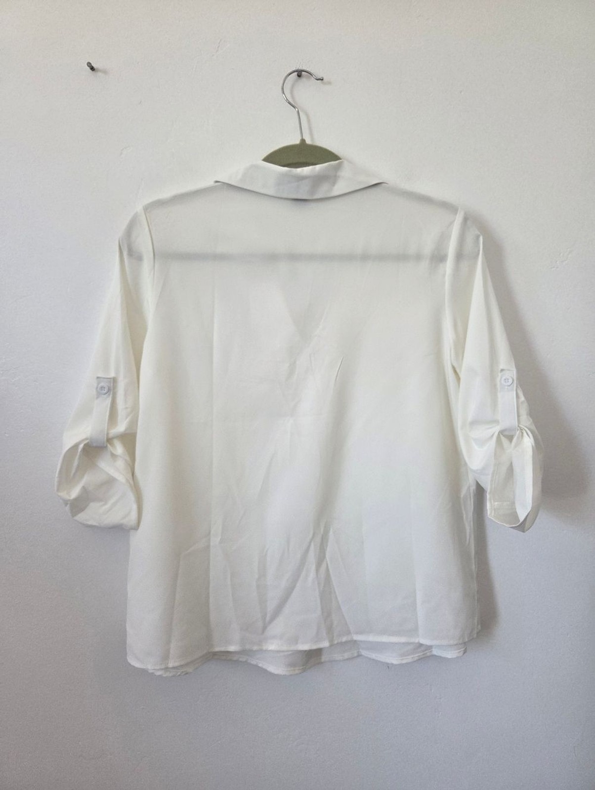 White Blouse Top ¾ Sleeve Roll Tab V Neckline Minimalist Breezy Summer Neutral S