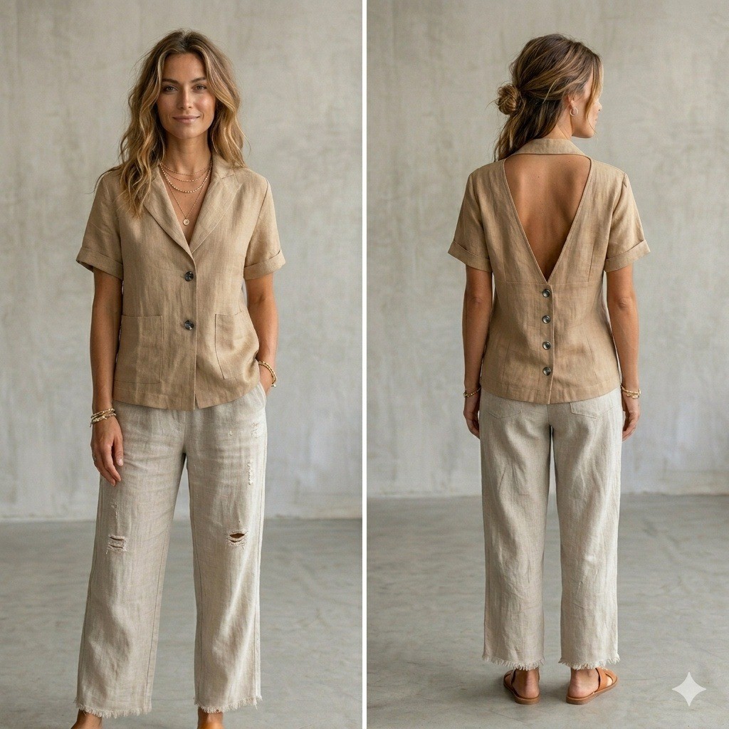 FILOSOFIA Linen Open Back Short Sleeve Blazer Top Tan Beige Notched Lapel L NOWT