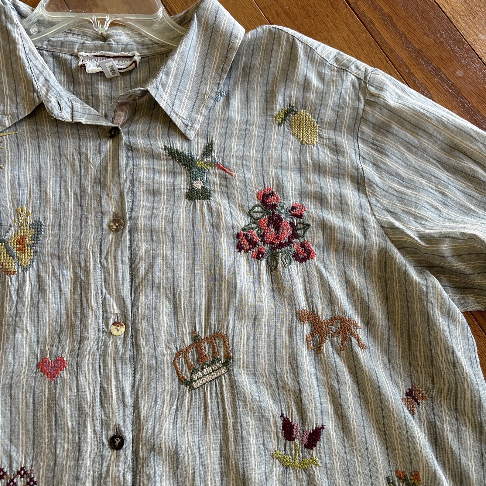 Johnny Was Alexandria Oversized Stripe Shirt Embroidered Cotton L Hummingbird