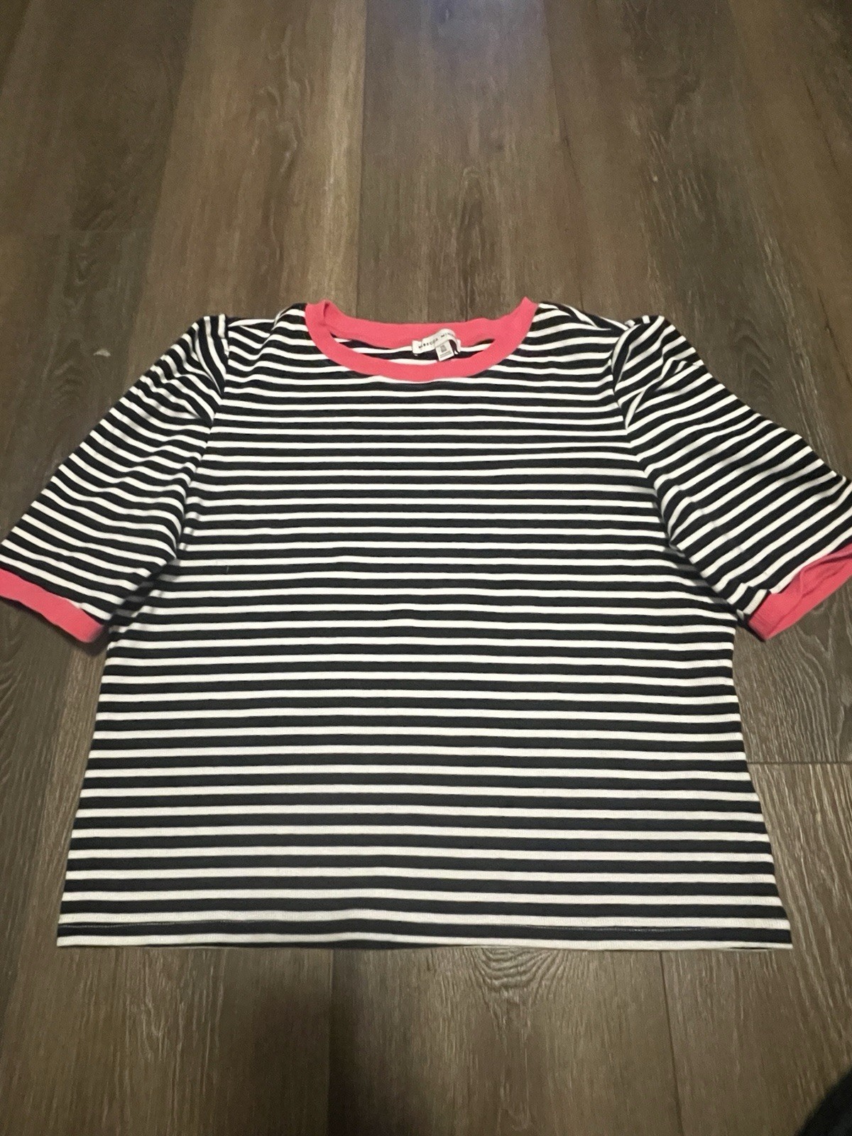 Rebecca Minkoff Black/White Striped Crew Neck Puff Sleeve Knit Tee Pink Trim