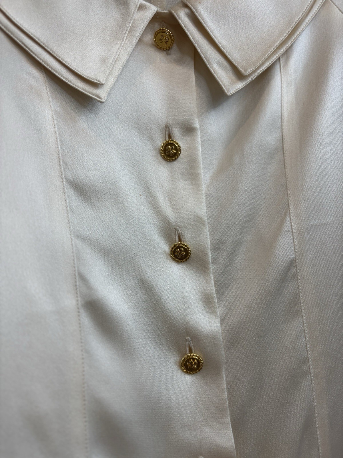 Chanel Vintage Silk Cream Blouse Gold Button Front Double Collar Old Money Vibe