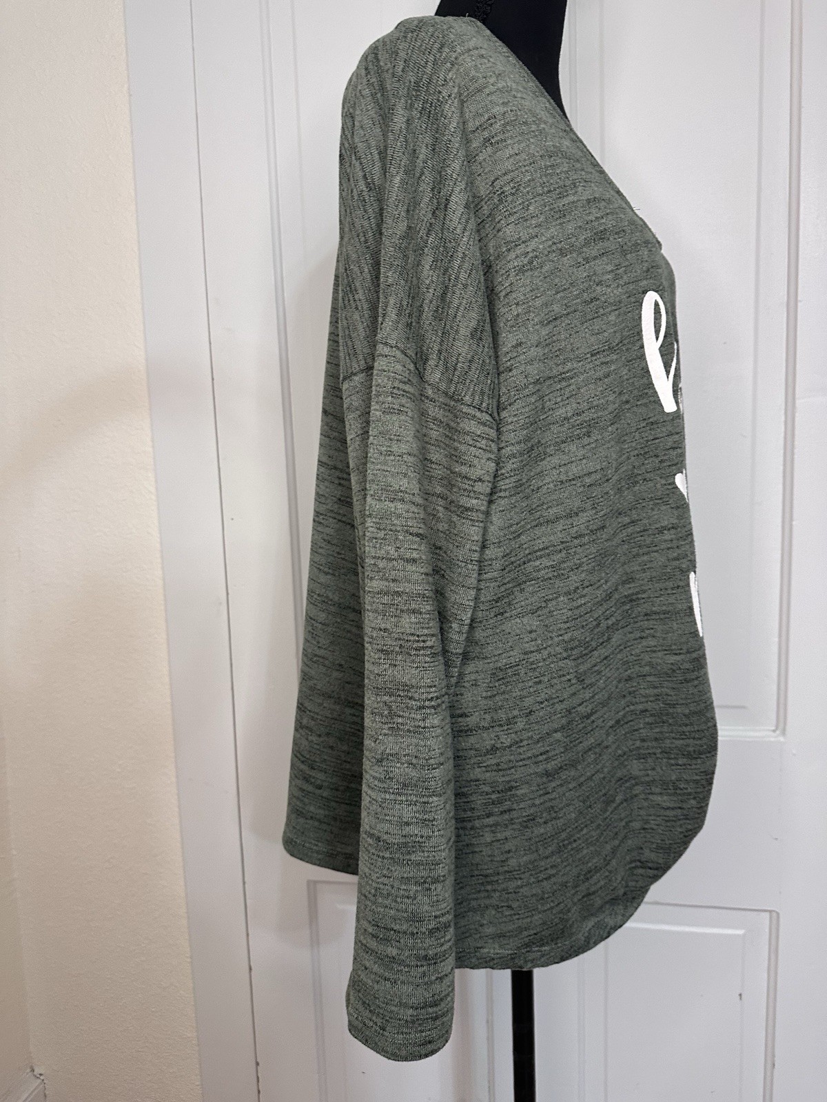 EST. 1946 Green Quote Graphic V-Neck Long Sleeve Strappy Jersey Tee Poly Blend