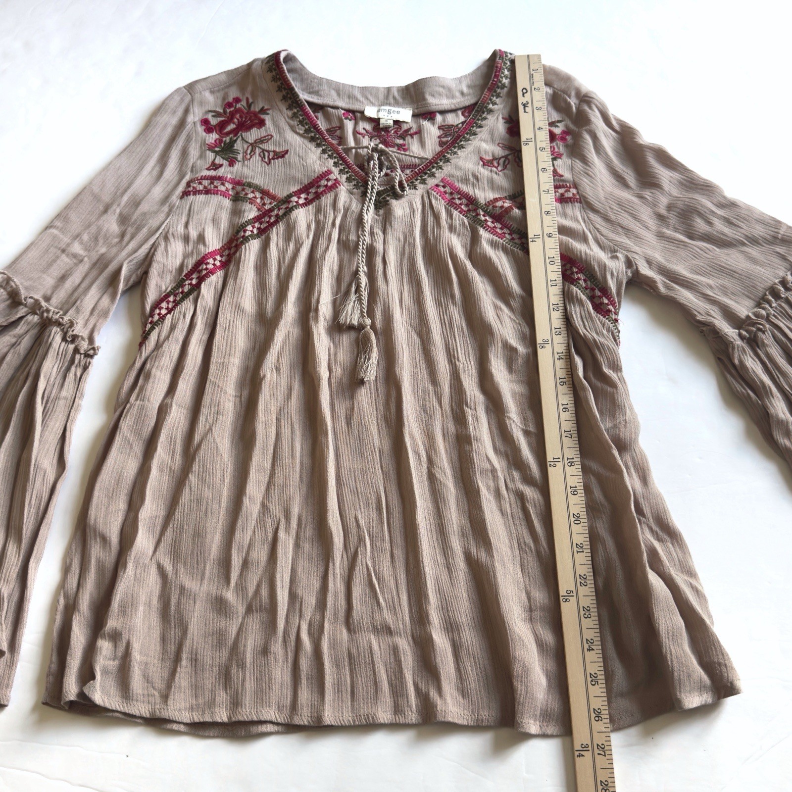 Umgee Embroidered Boho Peasant Top Small Tan Flare Sleeve Festival Forest Fairy