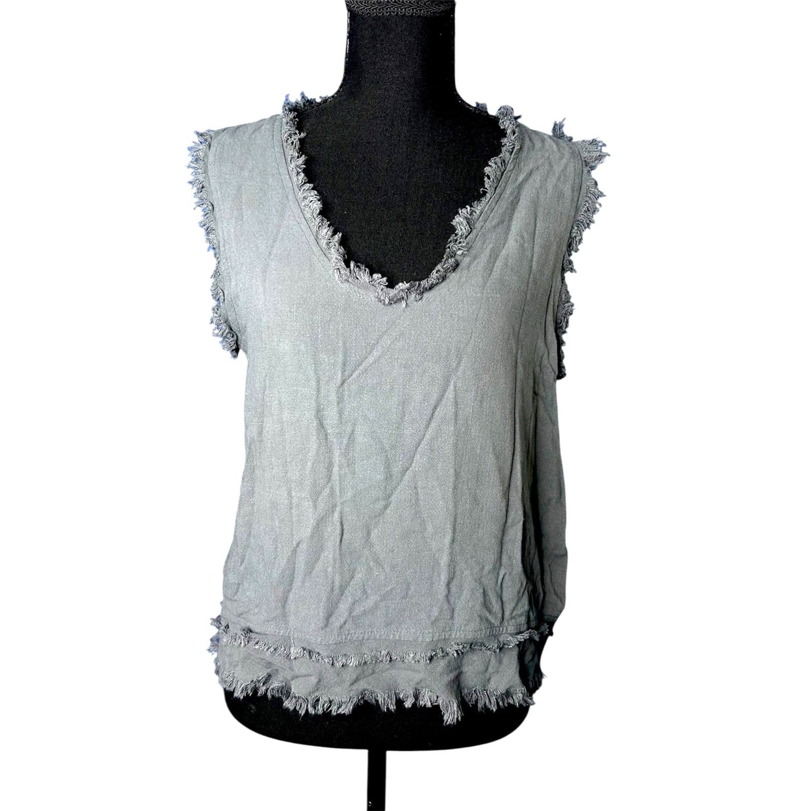 Womens Gray Lagenlook Tank Top Sz S Frayed Minimalist Linen Boho Neutral Resort