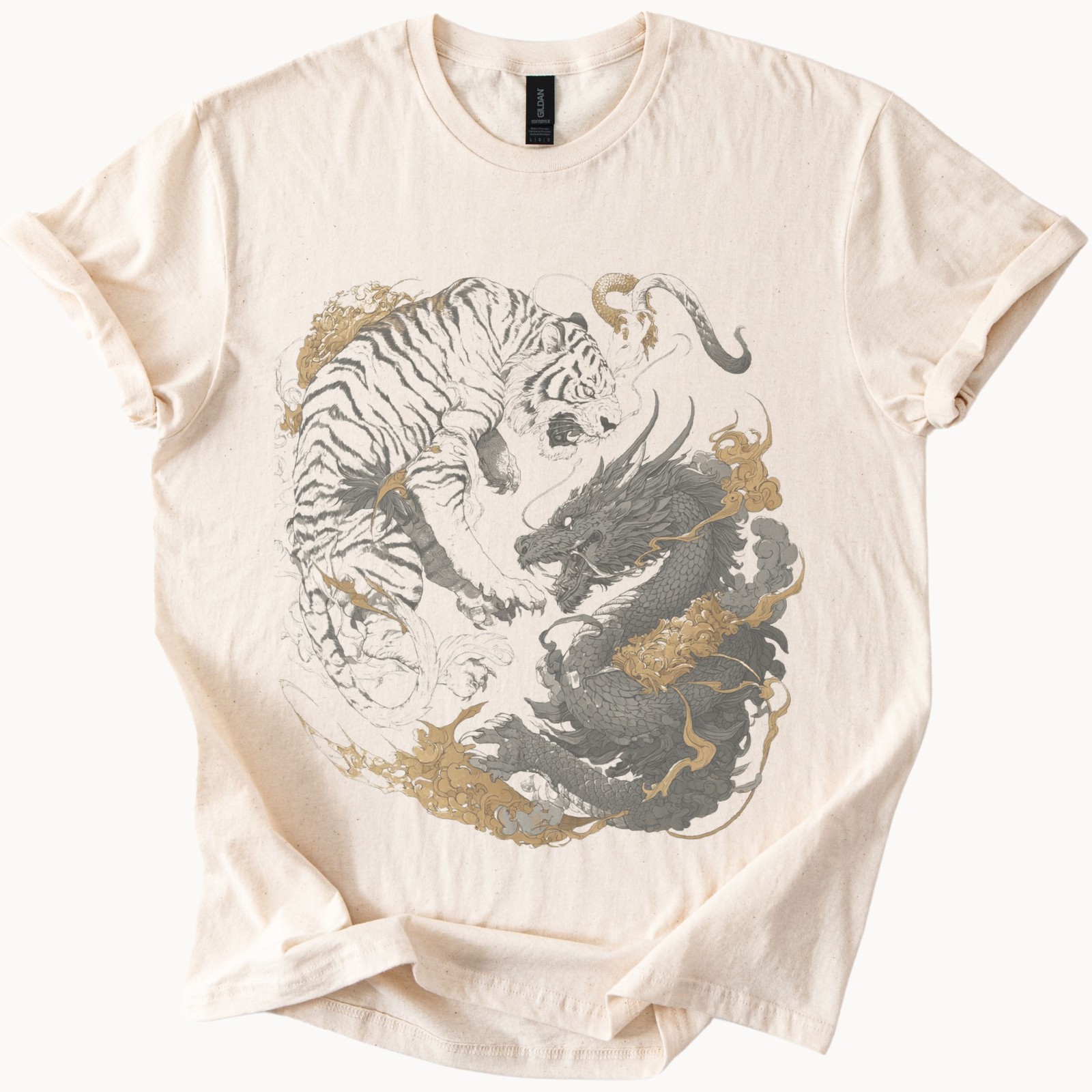 Tiger vs Dragon Ornate Graphic Tee East Asian Mythical Art
