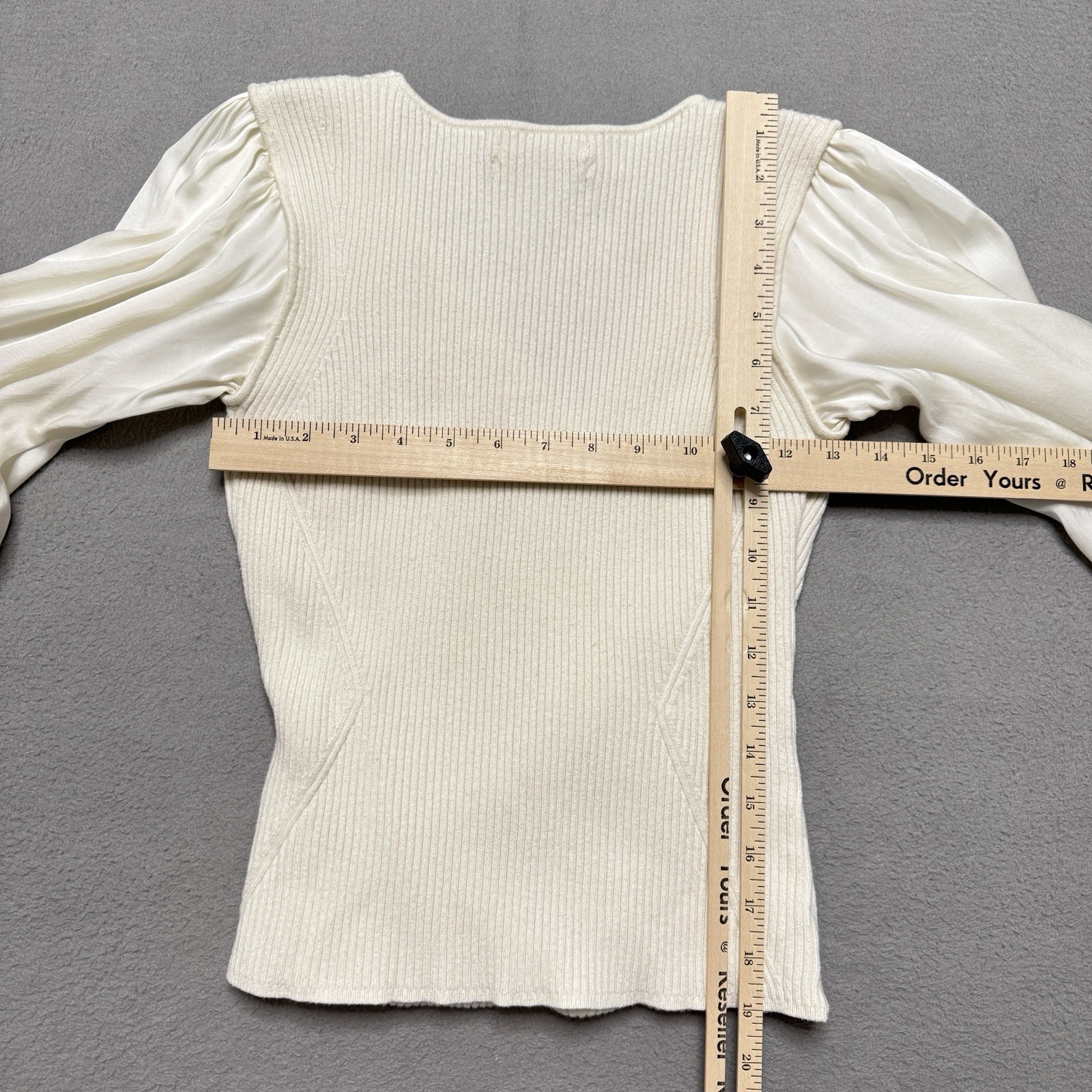 Anthropologie Top Womens Small Cream Knit Faux Wrap Ribbed Bishop Sleeve