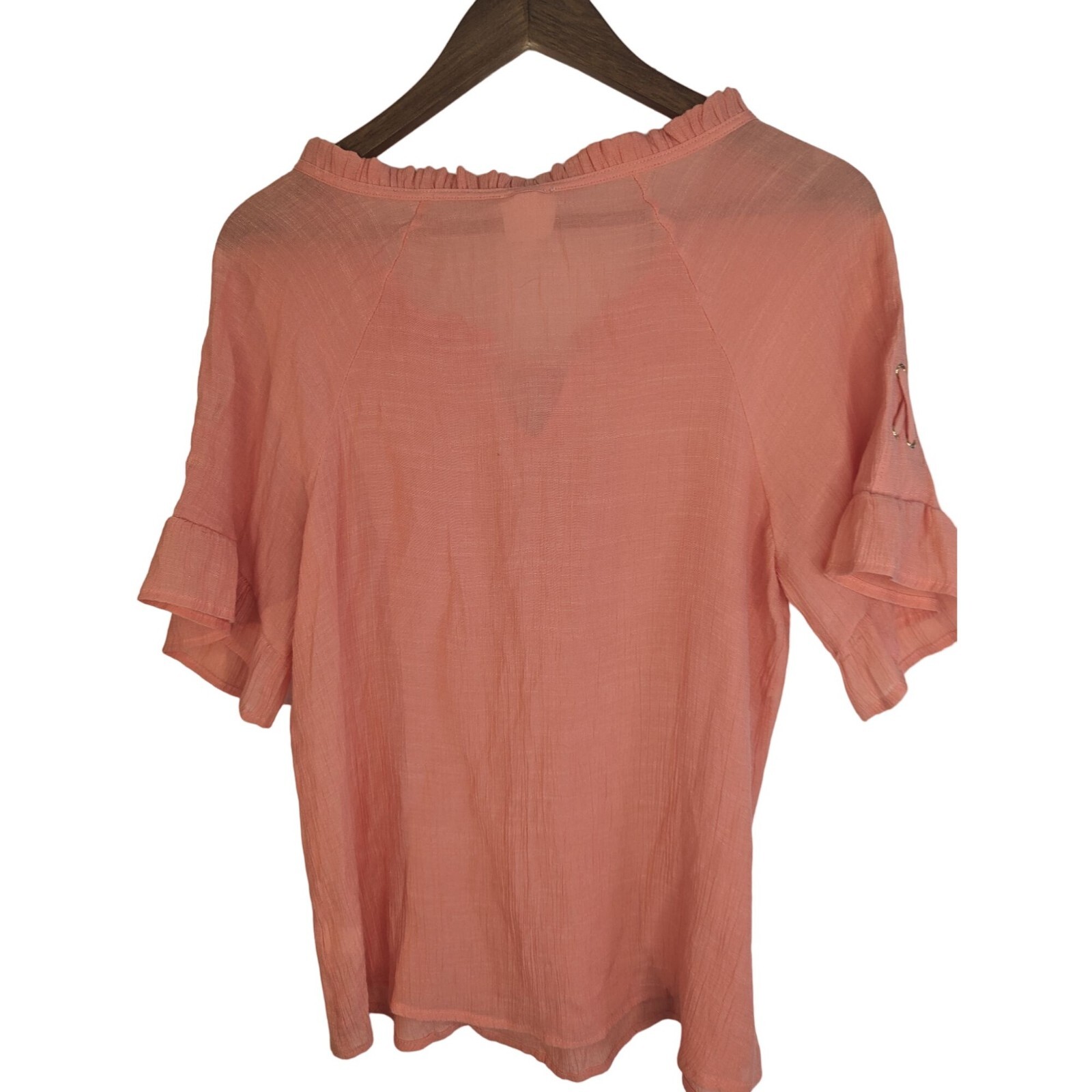 Late August Top Women’s Gauzy Semi Sheer Orange Boho Sleeve Tie Keyhole Sz L