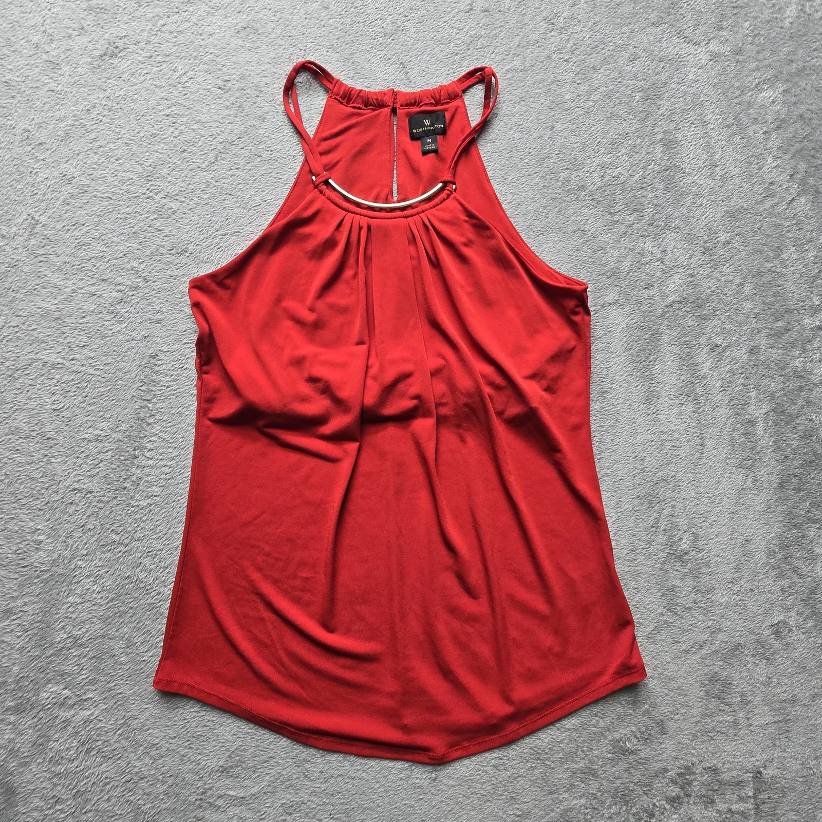 Worthington Tank Top M Sleeveless Gold Tone Metal Embellishment Neckline Red