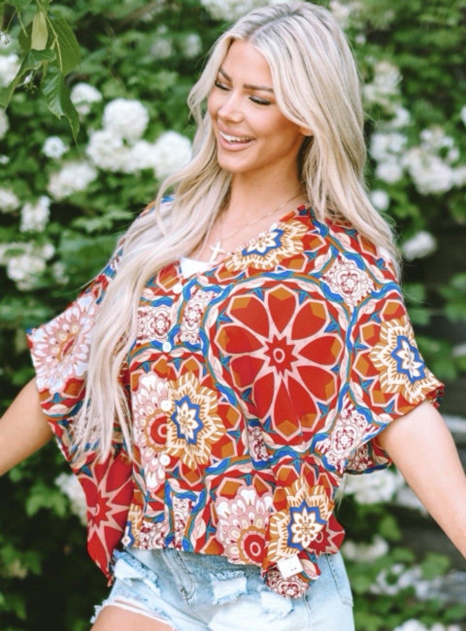 Boho Red Floral V Neck Short Sleeve Batwing Blouse