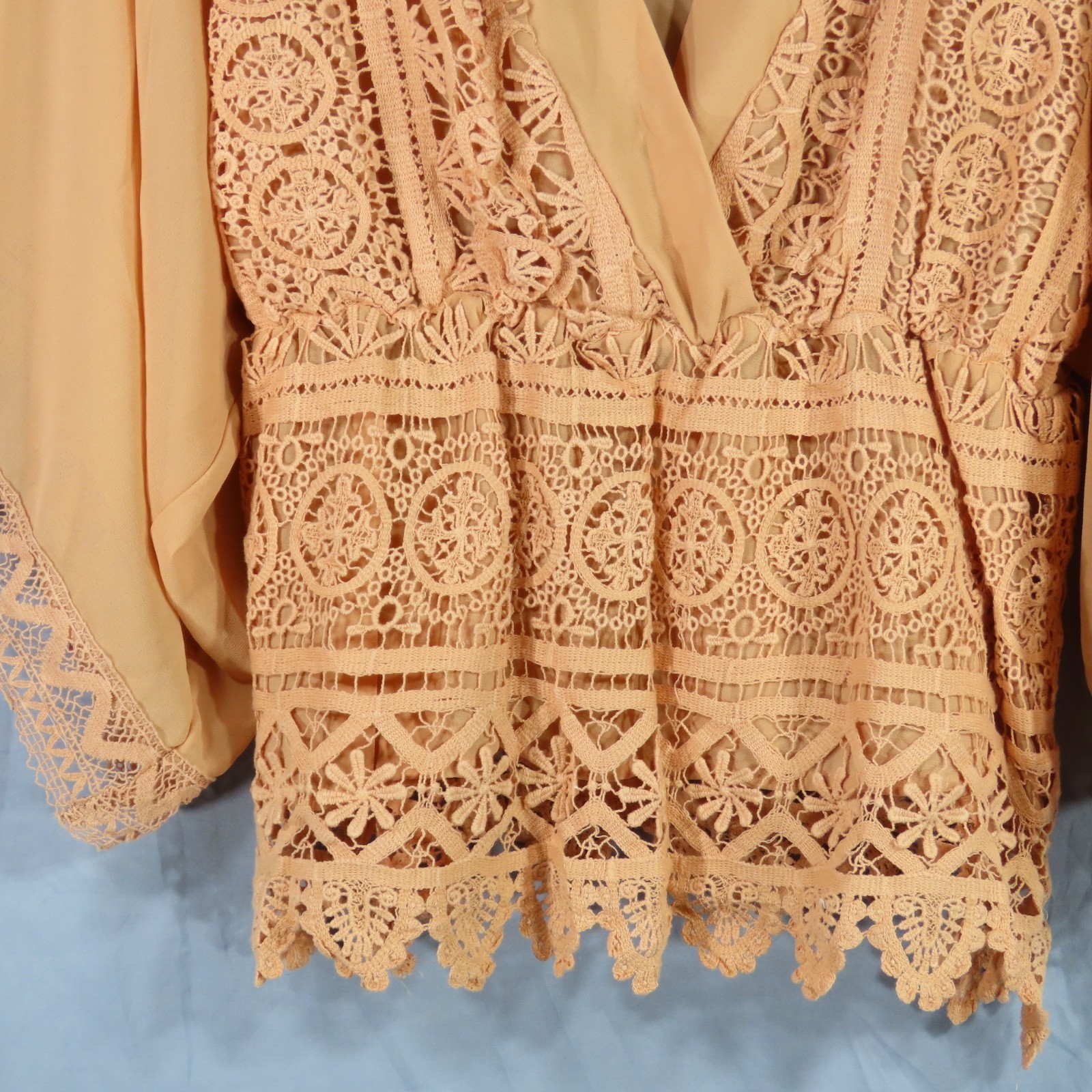 HAZEL Peach Crepe Chiffon PEASANT TOP BLOUSE Peplum Lace Crochet WHIMSIGOTH sz L