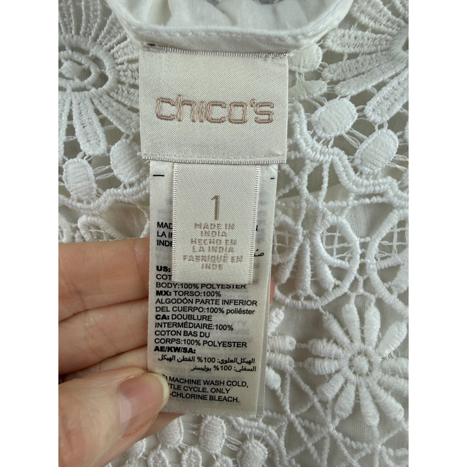 Chico Floral Crochet Lace Pleated Chiffon Short Sleeve Top White Boho Romantic