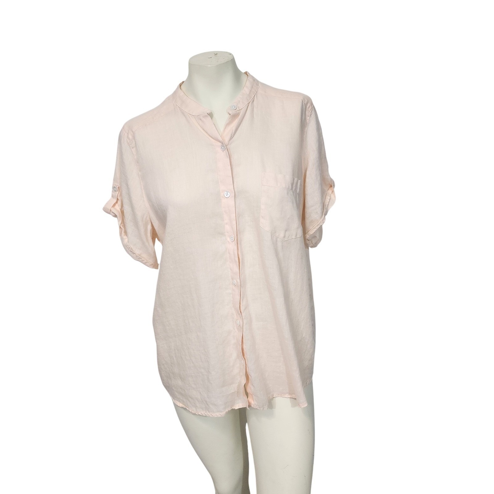 J. Jill Womens Large Peach Pink 100% Linen Button Down Short Sleeve Shirt