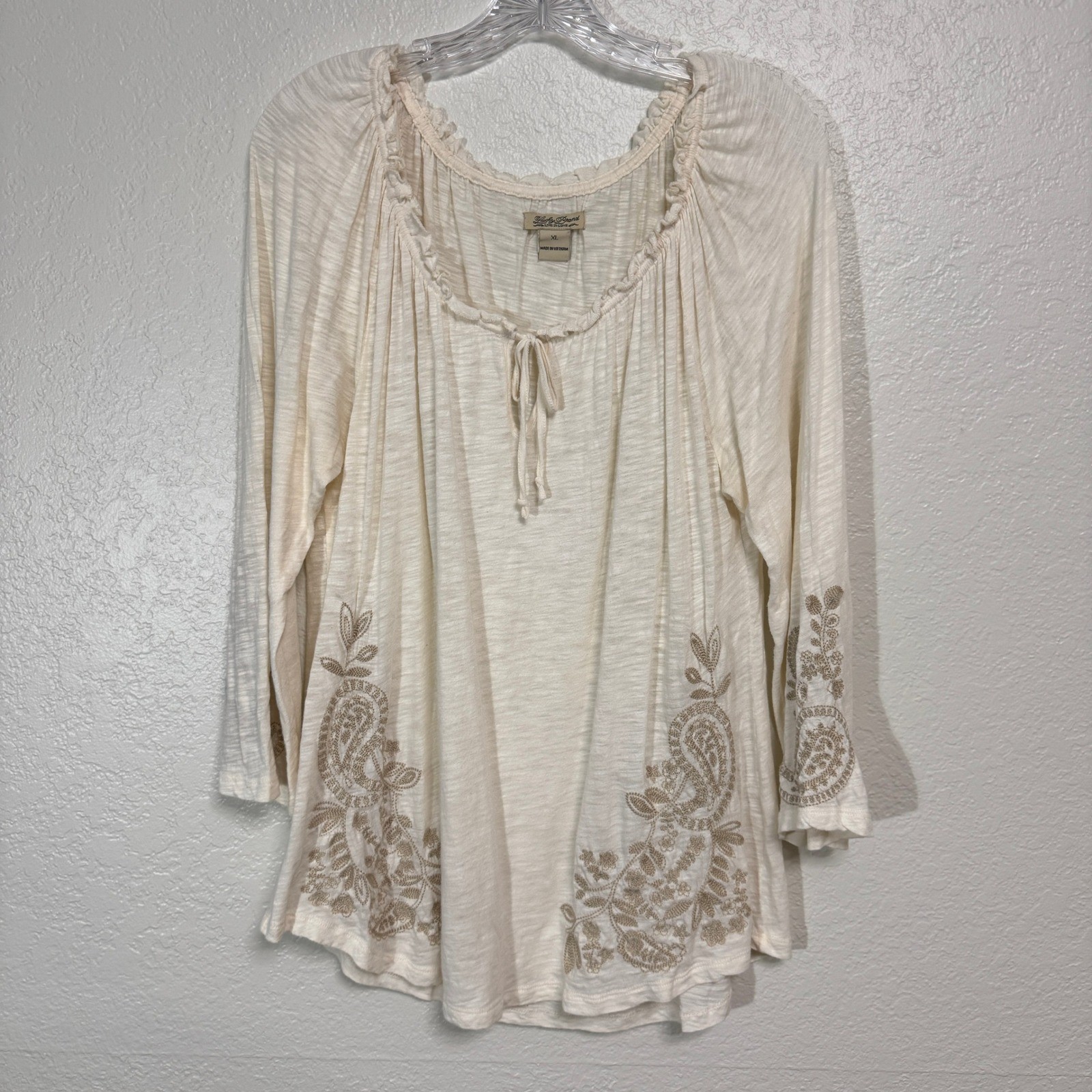 Lucky Brand Embroidered Top Womens XL Cream Tan Slub Knit Boho Peasant Shirt