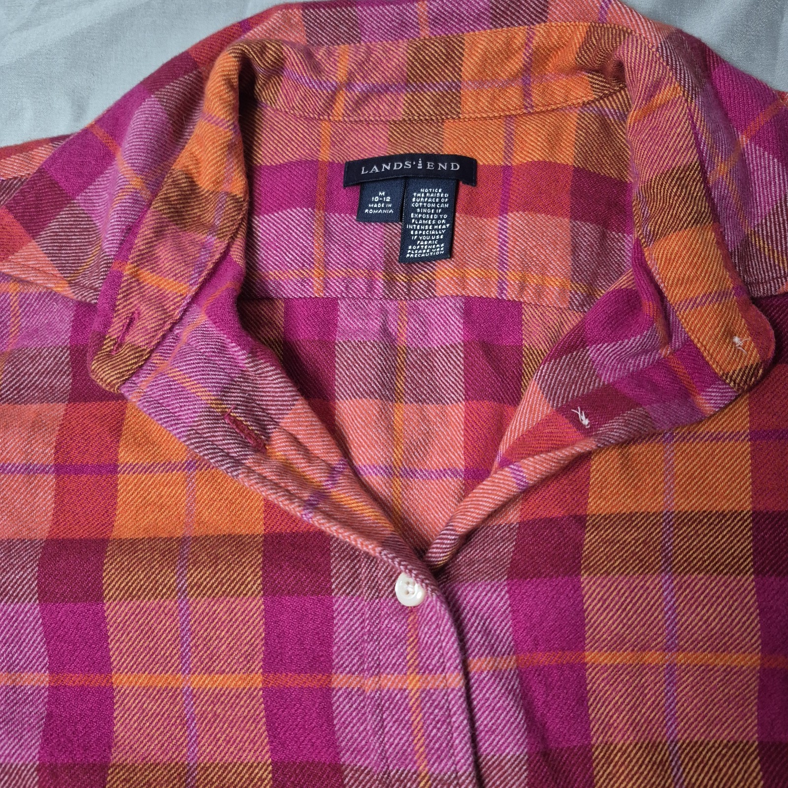 Lands’ End Flannel Shirt Womens Sz M Zesty Orange Cotton Plaid Hiking Western