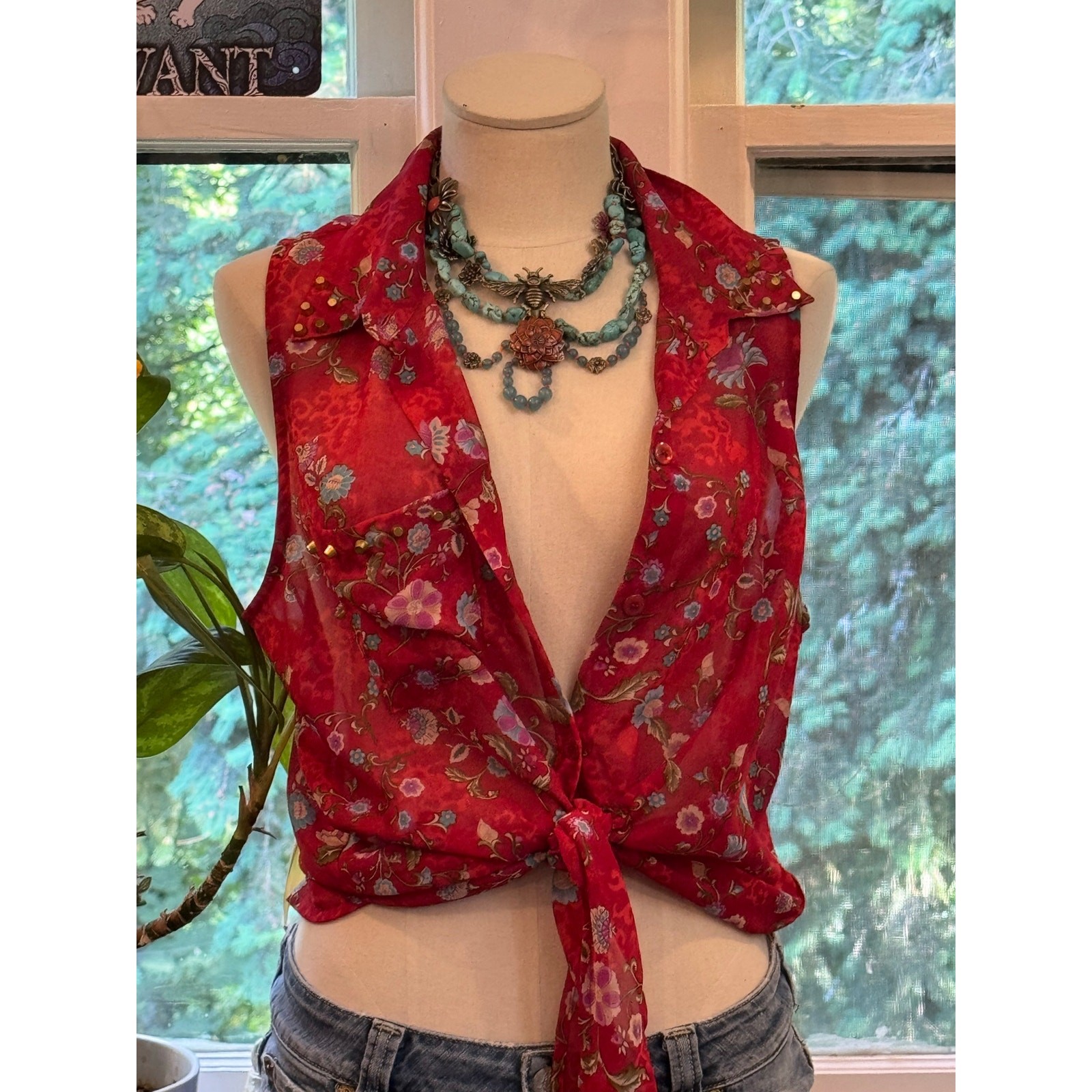 Vintage 90s Only Sky Sheer Red Floral Sleeveless Tie Front Blouse Back Cutout