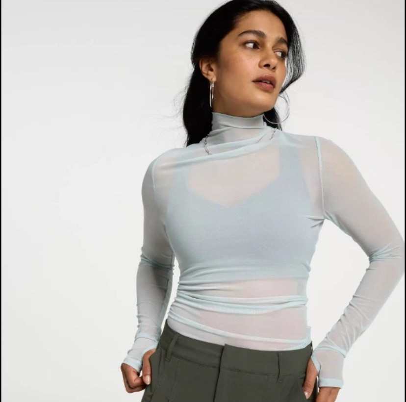 Calia Draped Funnel Long Sleeve Mesh Top Smoked Turquoise Wmns Sz Small NEW $58