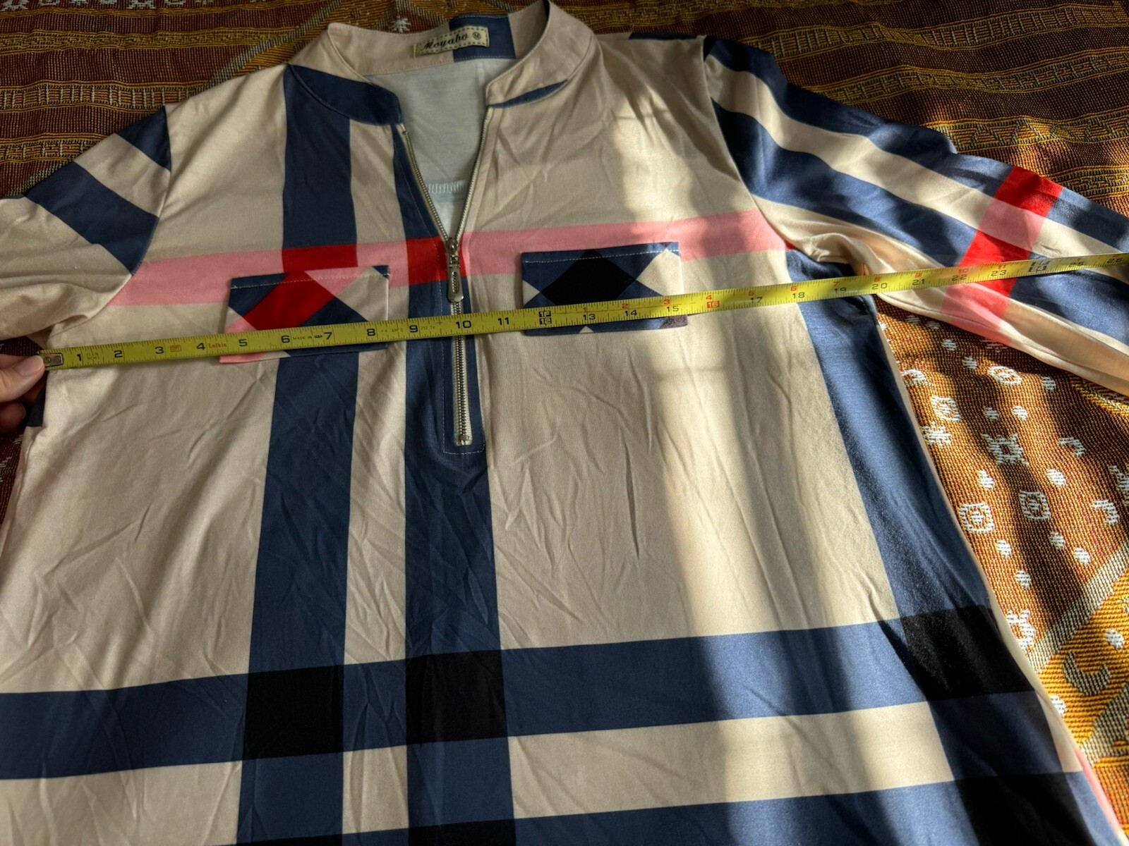 Moyabo Pink/Blue/Red & Ivory Plaid Half Zip Pullover Long sleeve Top, Women’s M
