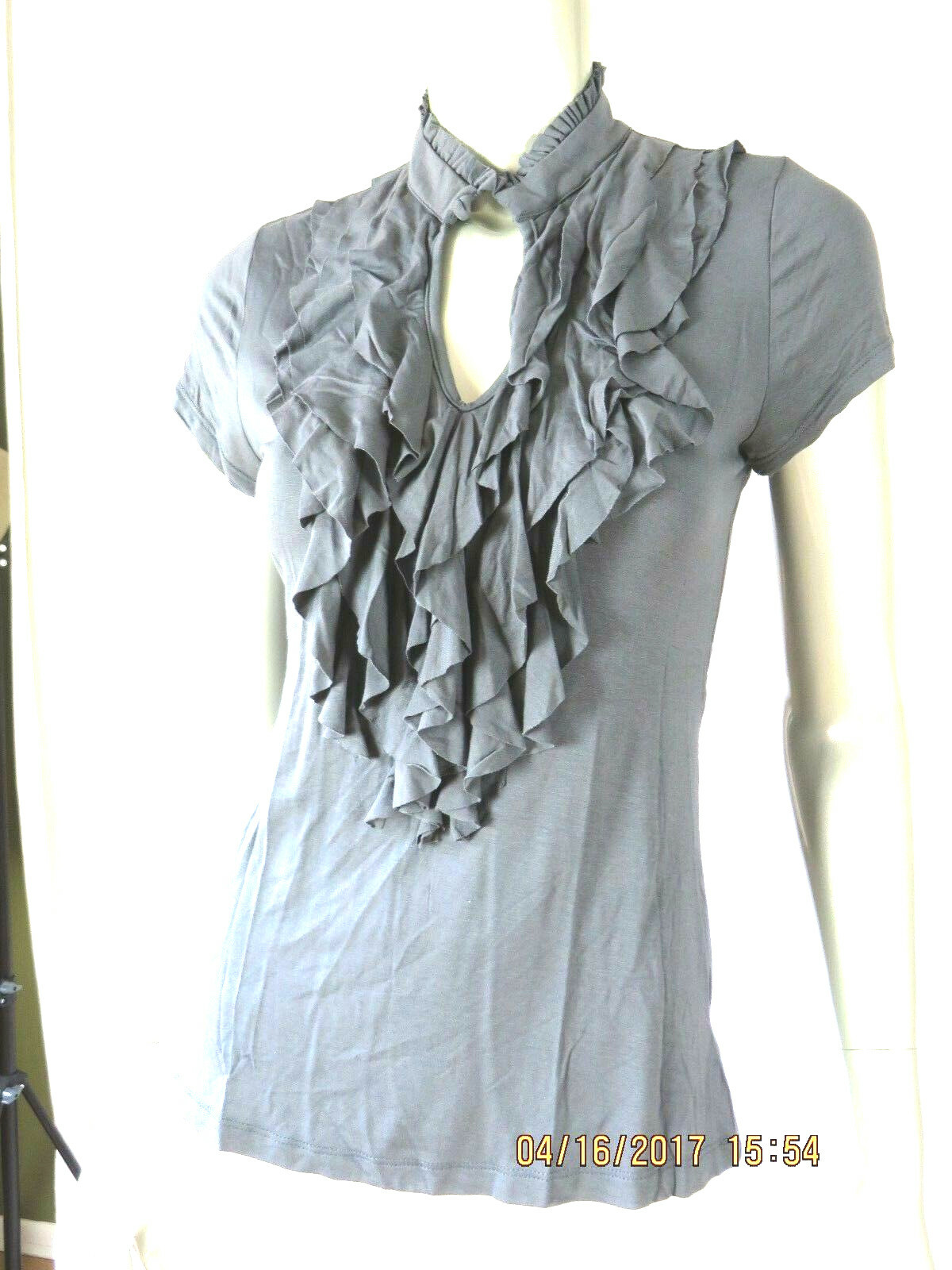TWENTY ONE SZ S Viscose/Spandex Charcoal Gray Ruffle Shirt High Neck Blouse Top