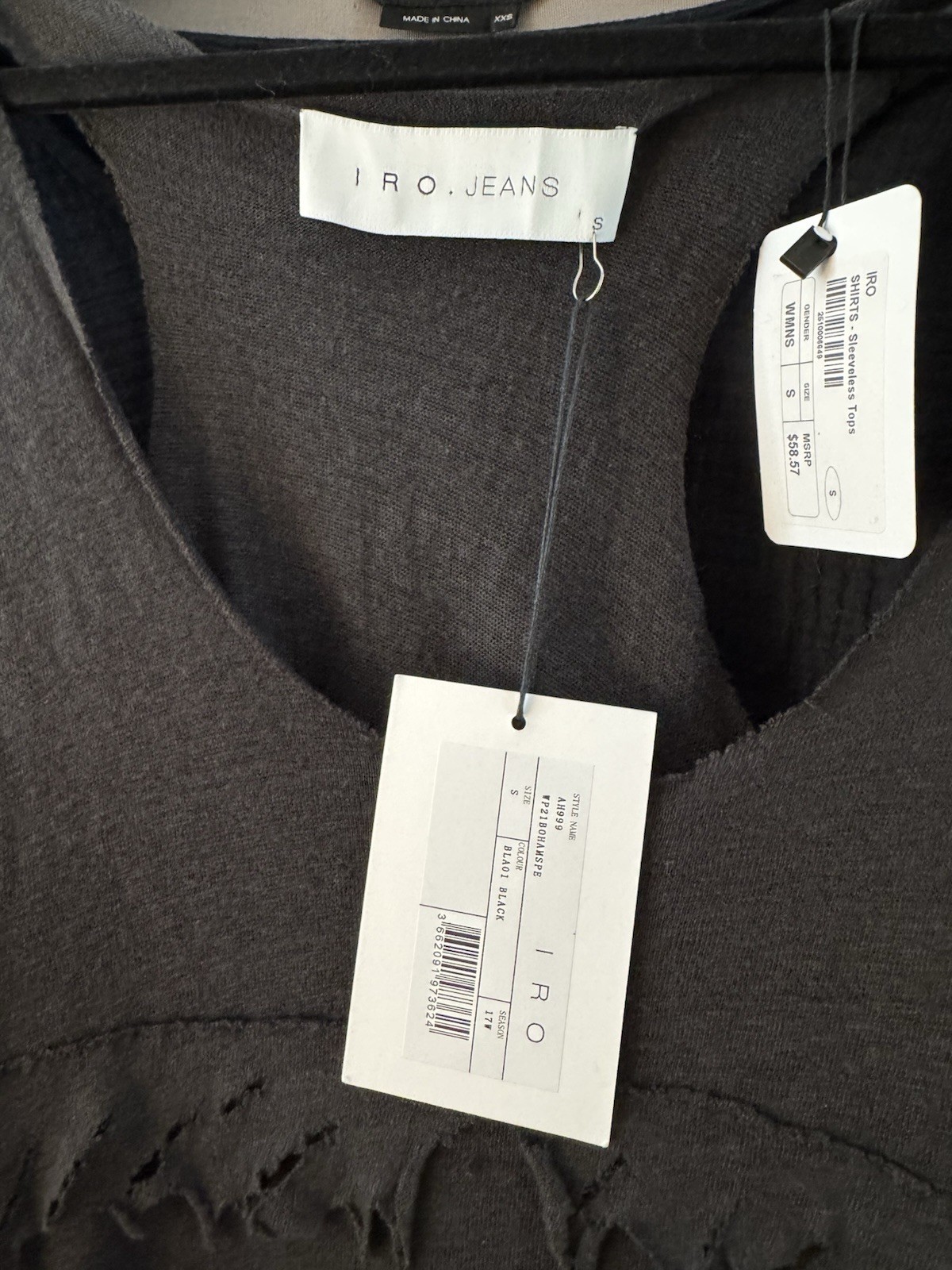 IRO Jeans Distressed Raw Edge Tank Top Black NWT XS Designer Paris Grunge