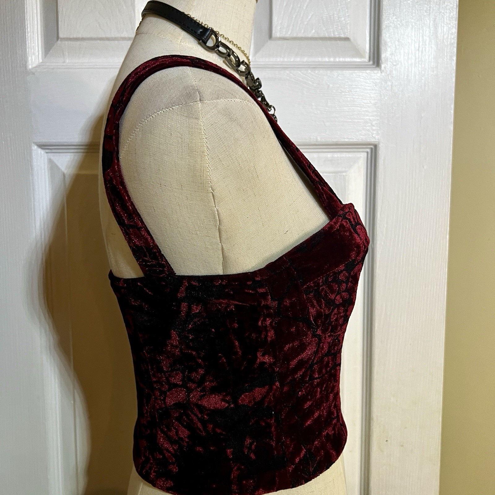 Lucca Couture Wms Burgundy Black Velvet Gothic Festival Rave Bustier Crop Top XS