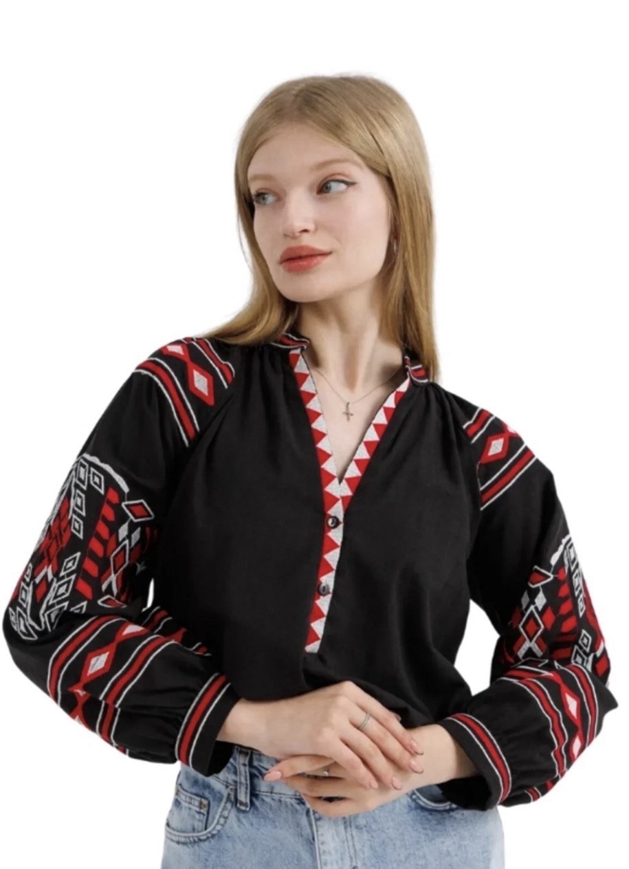 by ESQ Women’s Black Red White Geometric Embroidered V-Neck Button Blouse L