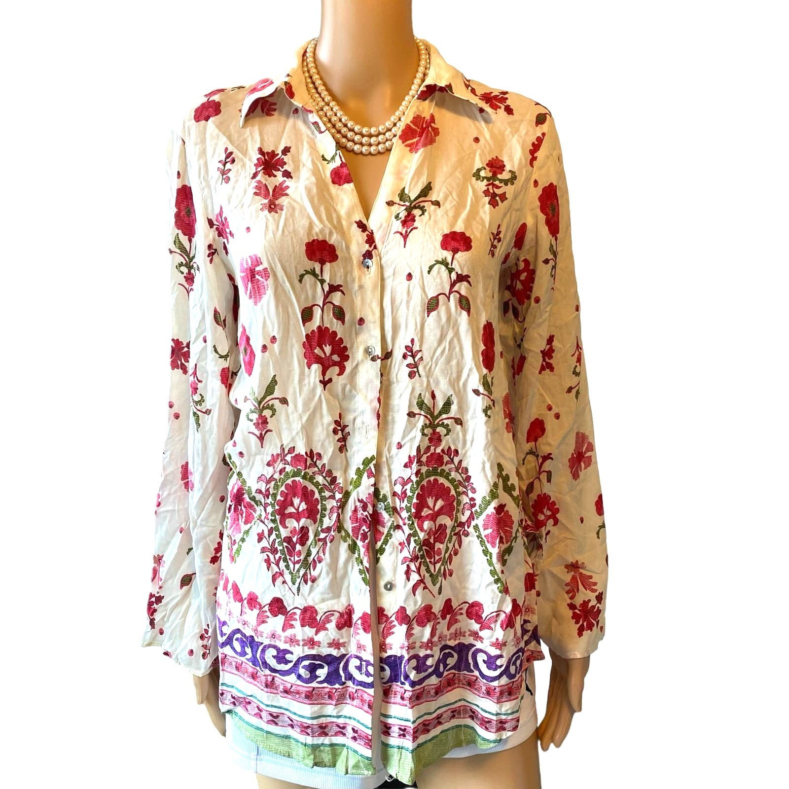 Zara Boho Floral Cottagecore Casual Summer Beach Button Up Shirt Women Size XS