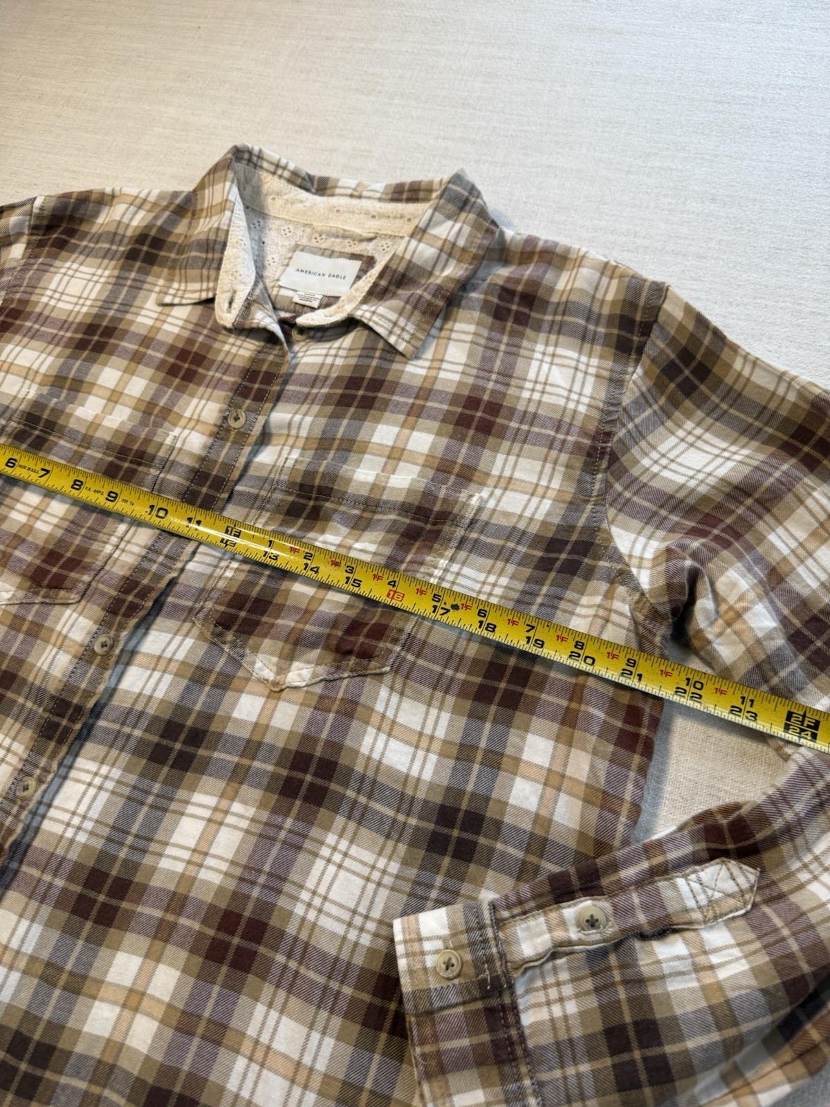 American Eagle Plaid Button Down Shirt Women’s S Oversized Eyelet Trim NEW Fall