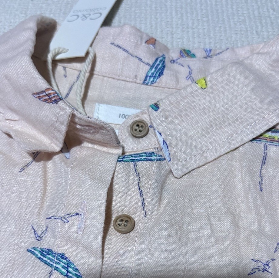 C&C California 100% Linen Button Up Shirt Pink Umbrella Seagulls Print Womens M