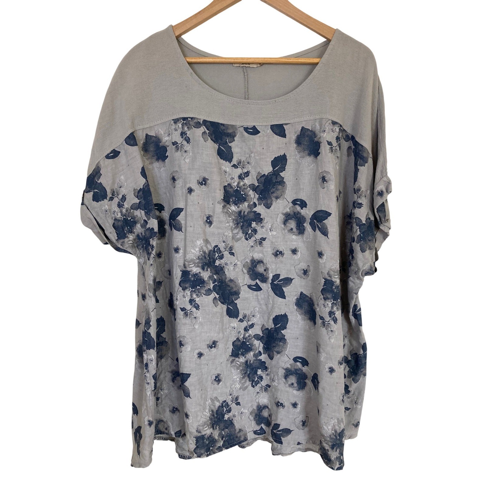Lungo L’Arno Italy Linen Floral Top Grey Blue Mixed Media Plus Size 3X ART 2911P