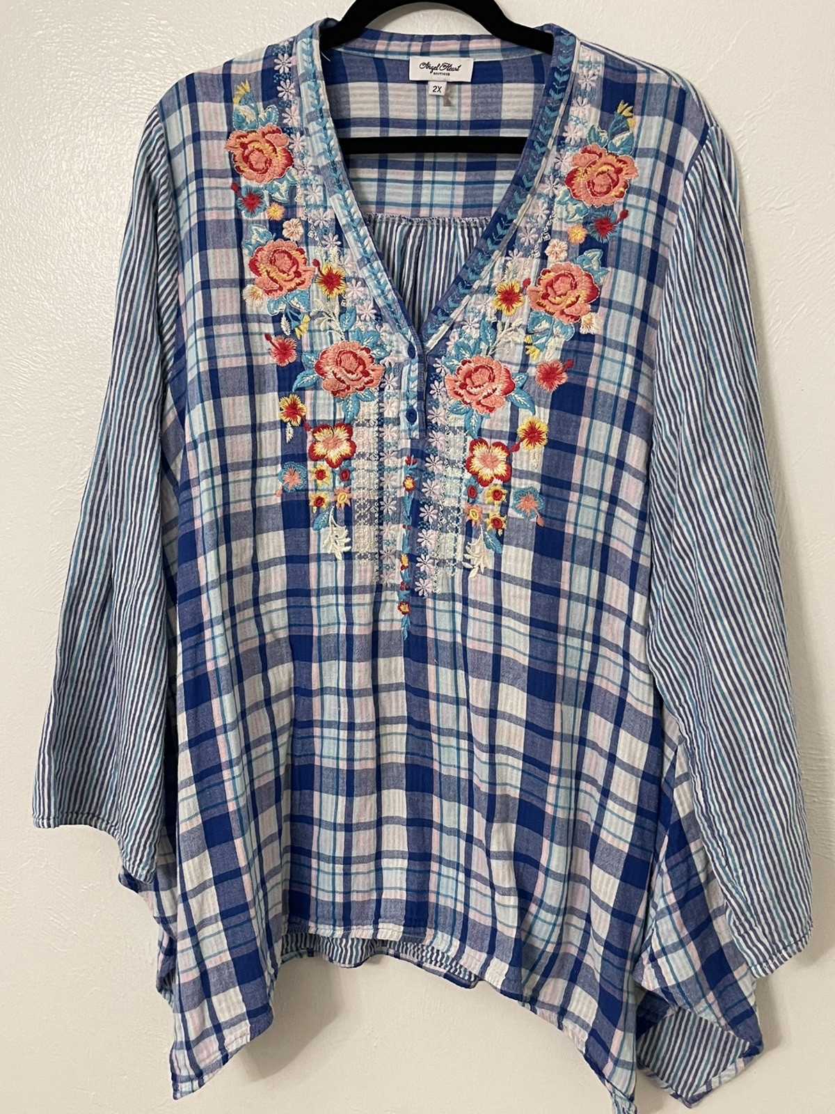 Angel Heart Boutique Embroidered Top Plaid Boho, Vacation Laganlook 2XL
