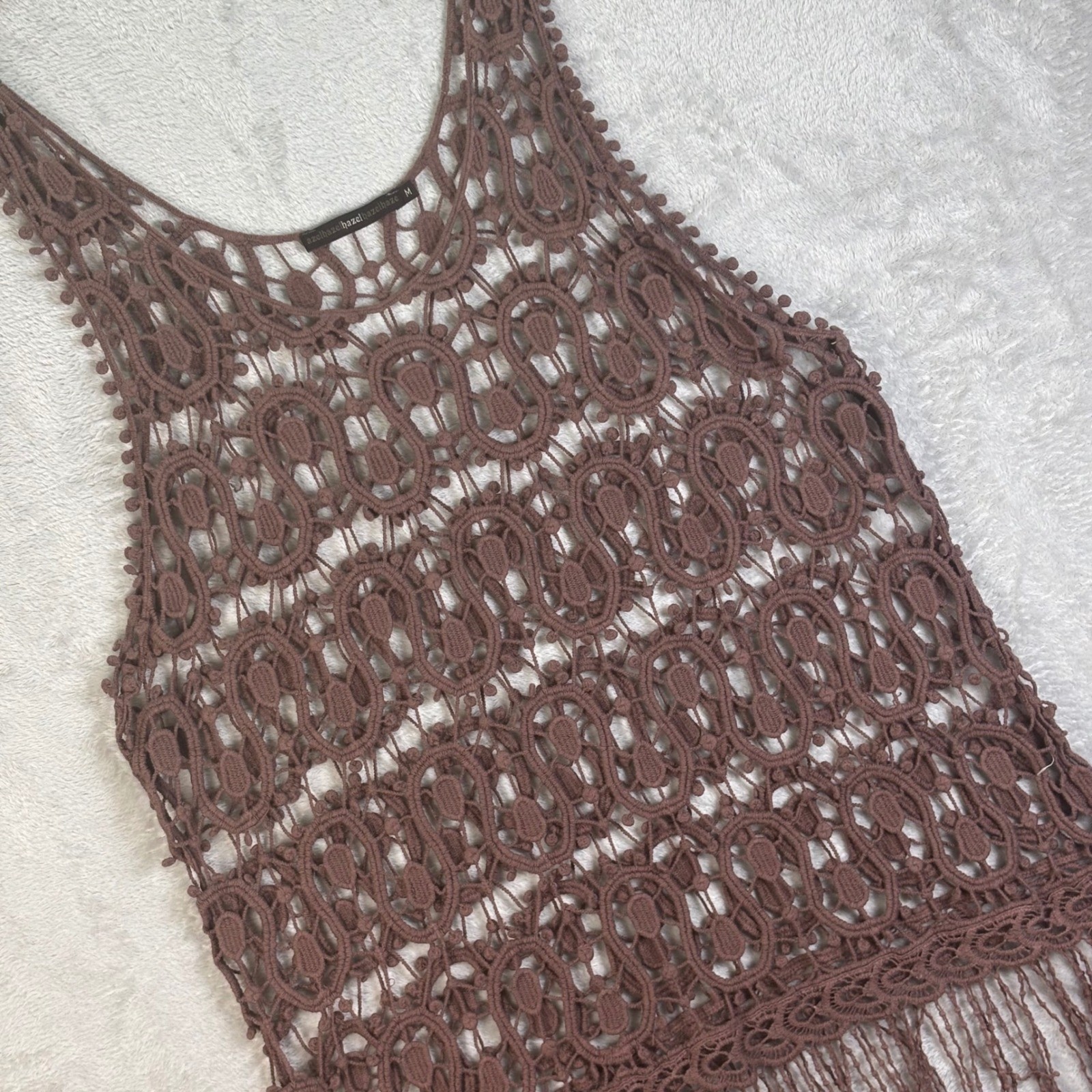 Hazel Haze Women’s Boho Brown Crochet Fringe Tank Top Festival Beach Sz M