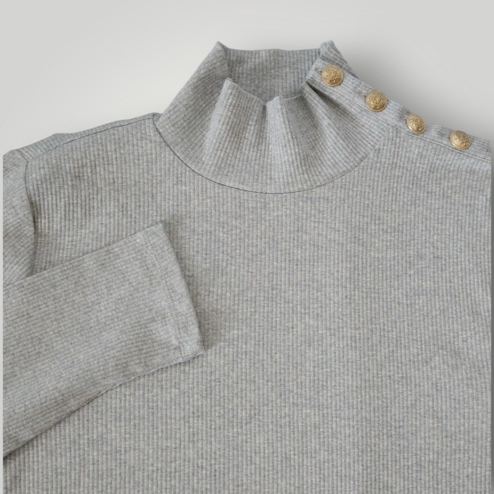 J.Crew Gold Button Ribbed Turtleneck XL Gray Coastal Grandmother Quiet Luxu