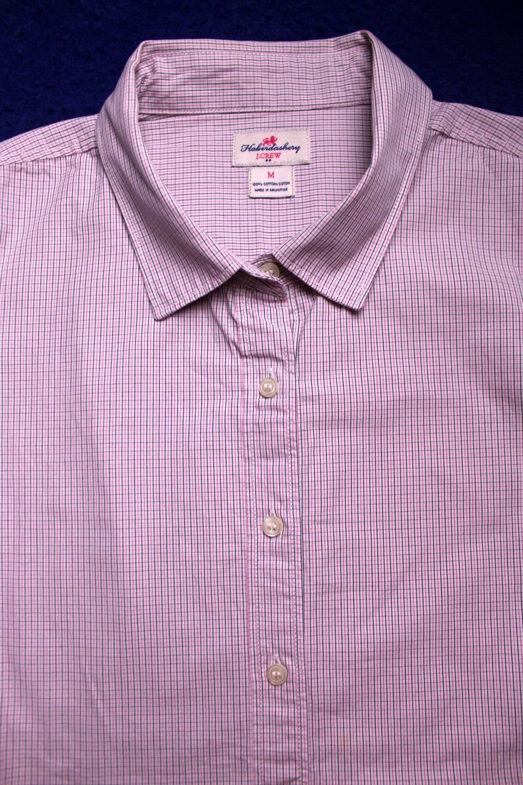 J CREW BLOUSE ladies size M pink blue white tiny plaid long sleeve 100% cotton
