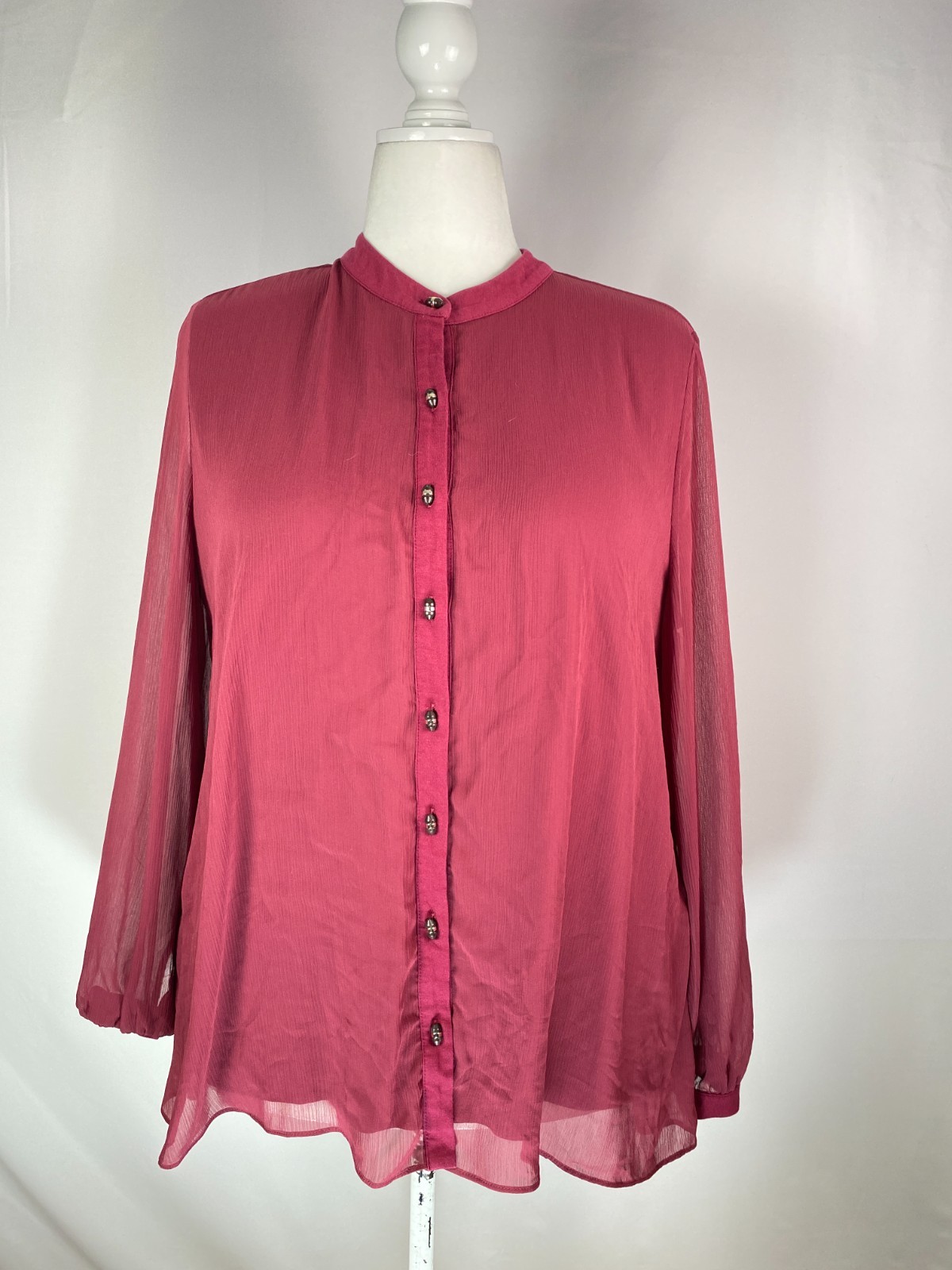 Soft Surroundings Sz XL Toggle Buttons Burgundy Sheer Overlay Blouse High Low