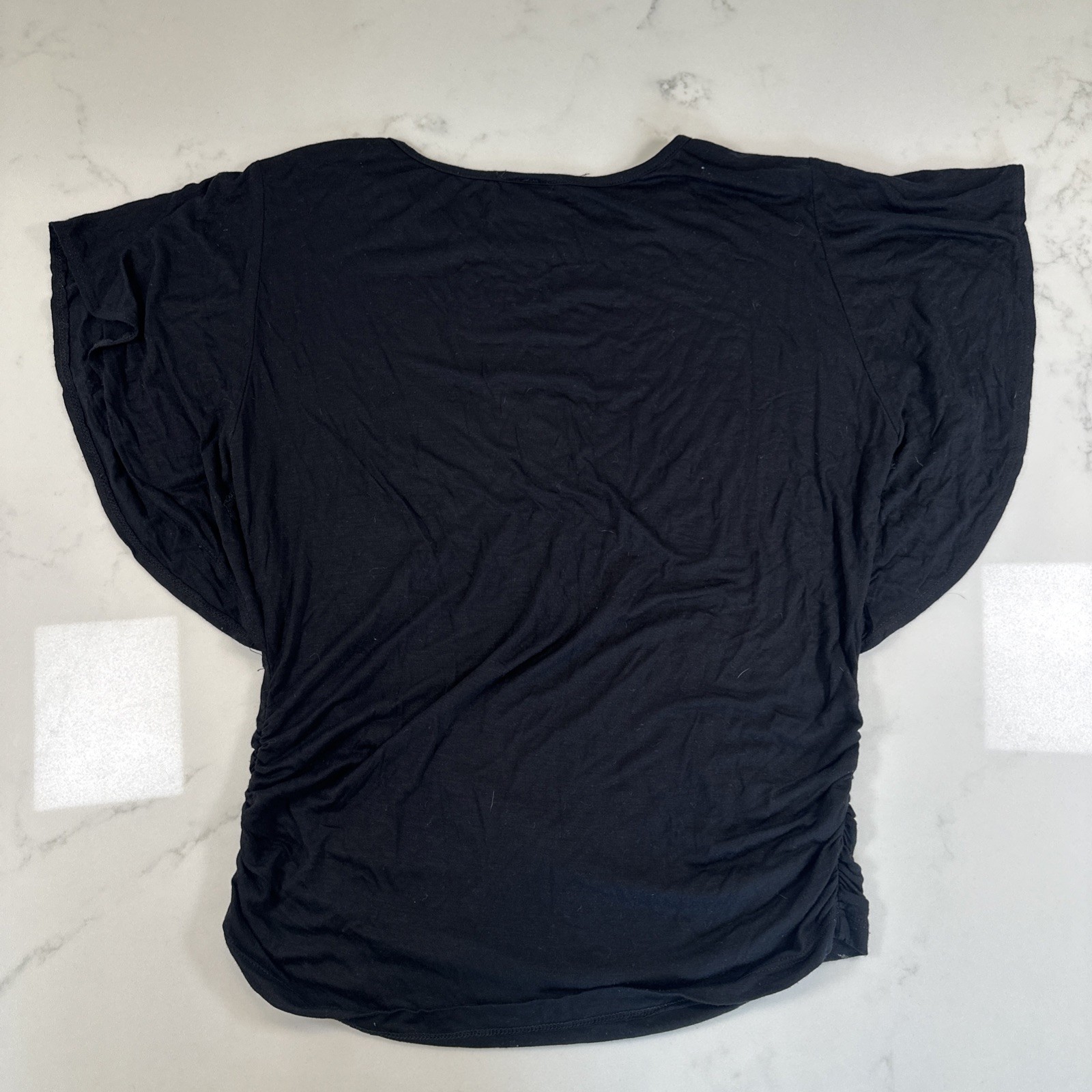 Y2K Day Trip Black Rhinestone Flower Ruched Side Top Flowy Sleeves